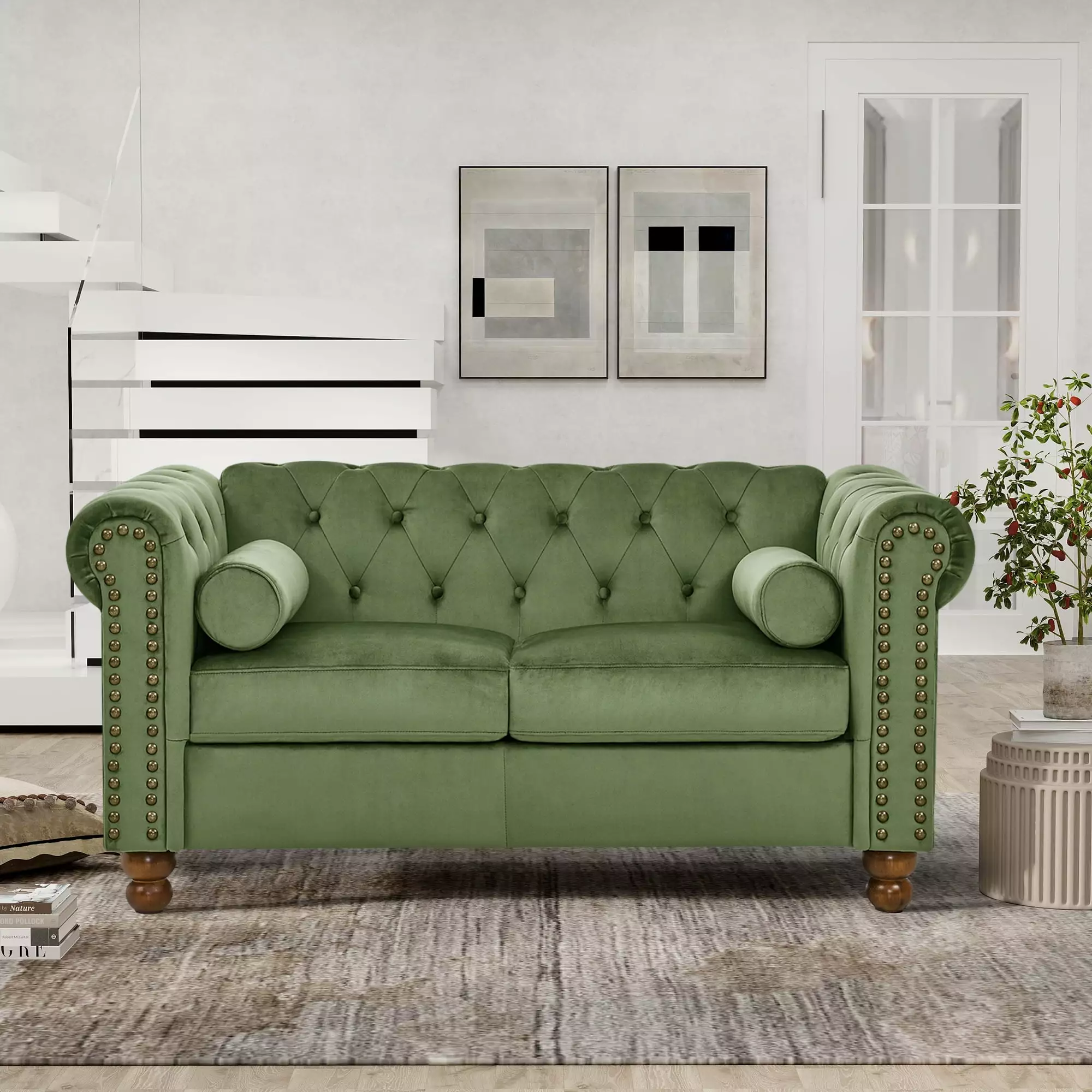 Chesterfield Green Velvet Sofa. Medium-Soft Plushness. Button Tufted. Nailhead Accents. Scrolled Arms. 2 Seats. Perfect for Primary Living Space. Elegant and Comfortable American Design