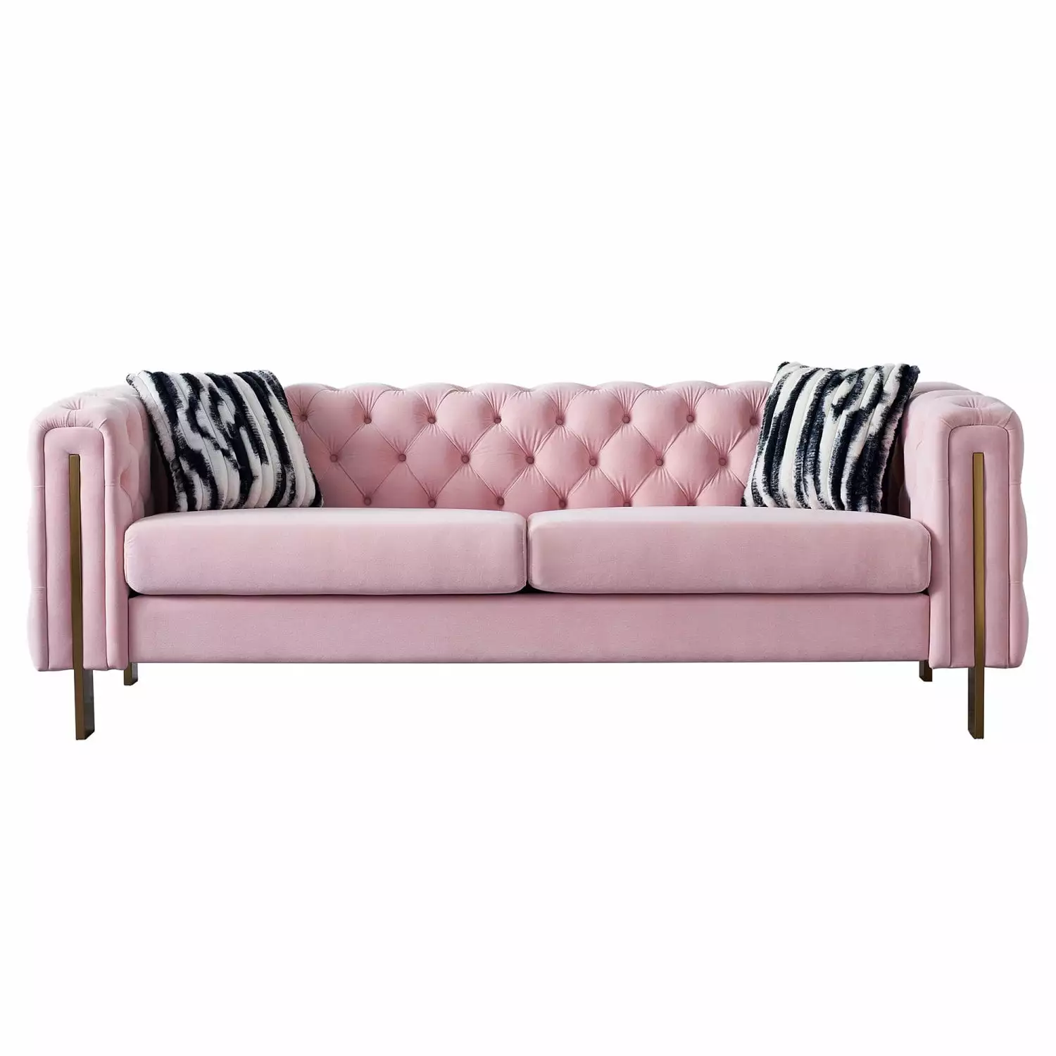 Chesterfield Modern Tufted Velvet Living Room Sofa. 84.25''W Couch. Pink - Elegant & Comfortable Pink Velvet Sofa with Gold Metal Legs