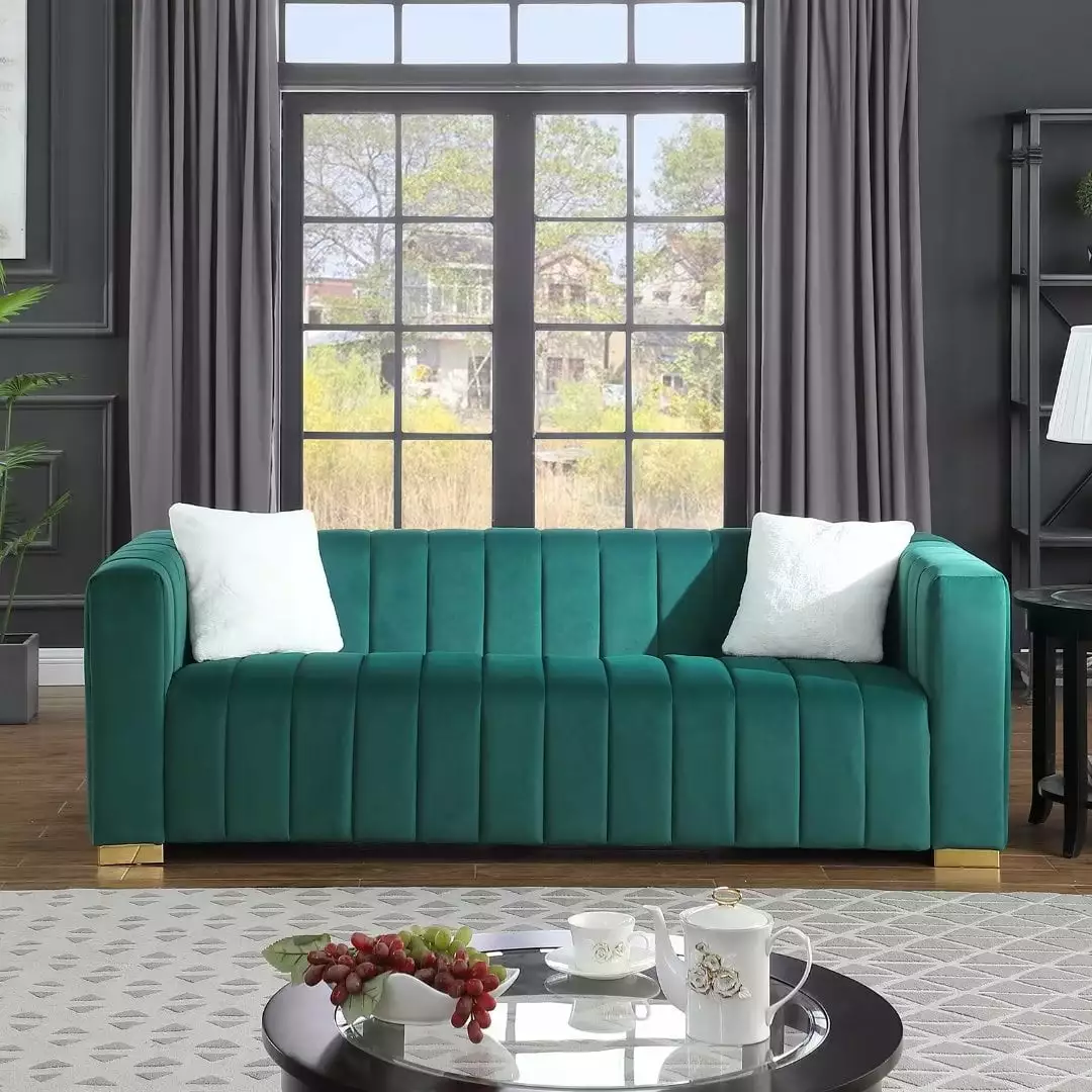 Chesterfield Sofa Couch. Velvet Channel Tufted 3 Seater Sofa with Thick Cushion and Deep Seat. Luxurious Upholstered Accent Arm Sofa with 2 Pillows for Living Room. Office. Apartment. Dark Green