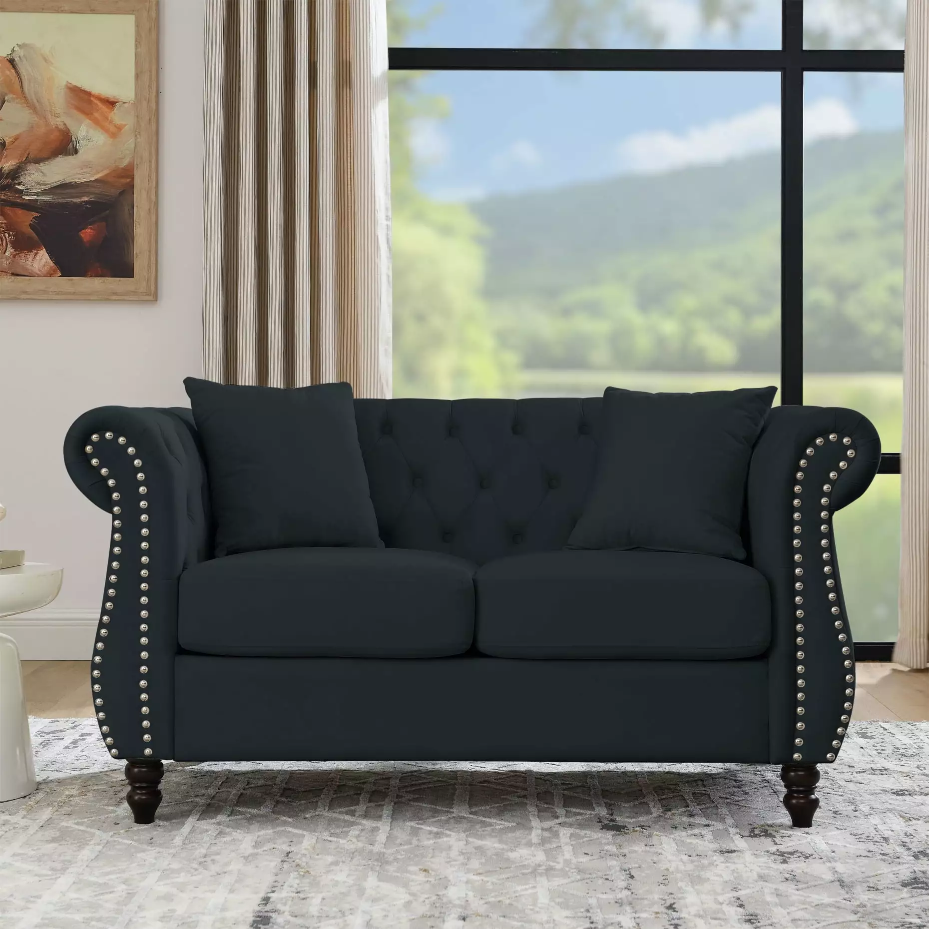 Chesterfield Velvet Loveseat Sofa with 2 Pillows. Classic 2 Seater Tufted Couch with Rolled Arms and Nailhead. Leisure Sofa Couch for Living Room. Bedroom. Office. Apartment. Black