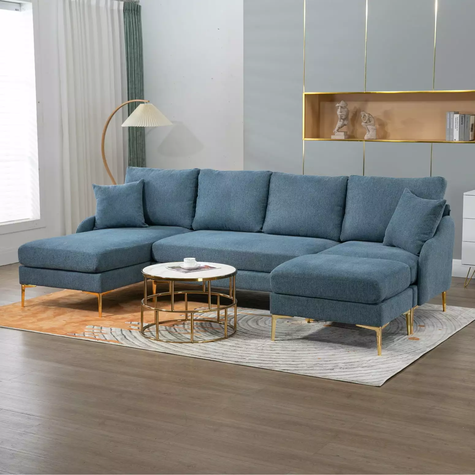 Chic 110'' Reversible Sectional Sofa - U-Shape Convertible Couch with Left or Right Chaise Lounge - Stylish Blue Polyester Blend Fabric - Perfect for Living Rooms. Apartments. and Office Settings