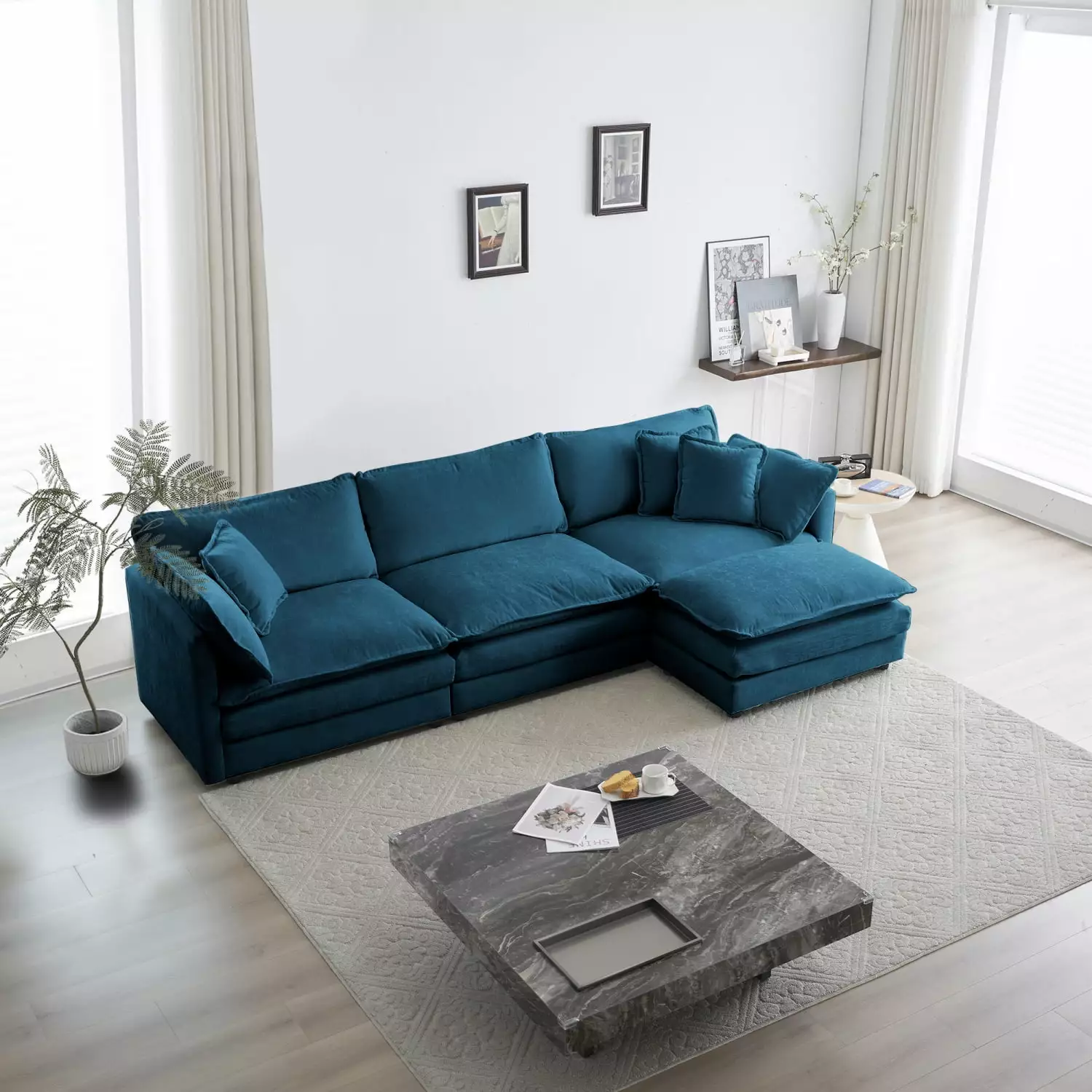 Chic Oversized L-Shaped Sectional Sofa with Reversible Ottoman. Premium Blue Chenille Upholstery. Customize Your Living Room Comfort