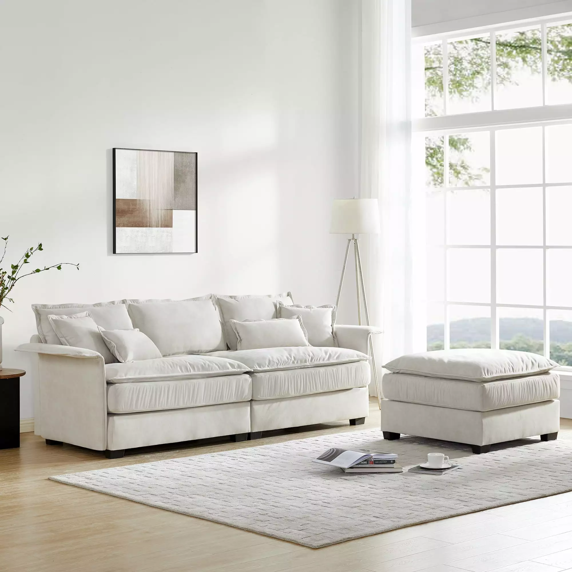 Churanty 3 Seat Loveseat Sectional Sofa Couch with Ottoman.Upholstered L Shape Couch with Bentwood Armrests and Double Cushions for Small Space Apartment Office. Beige