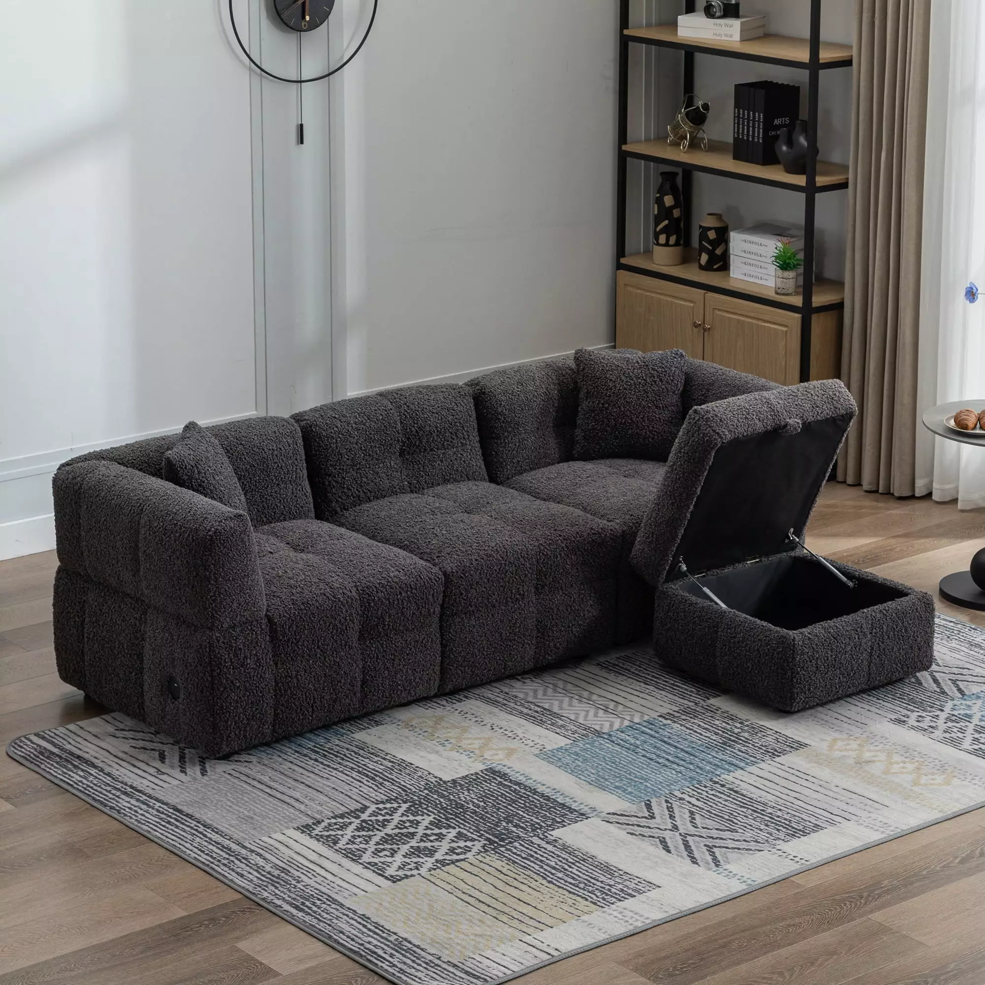 Churanty 3 Seater Sectional Sofa with Movable Storage Ottoman and 2 USB Ports. Teddy Fleece Fabric L-Shaped Sectional Sofa Couch with Lumbar Pillows for Living Room Apartments. Gray