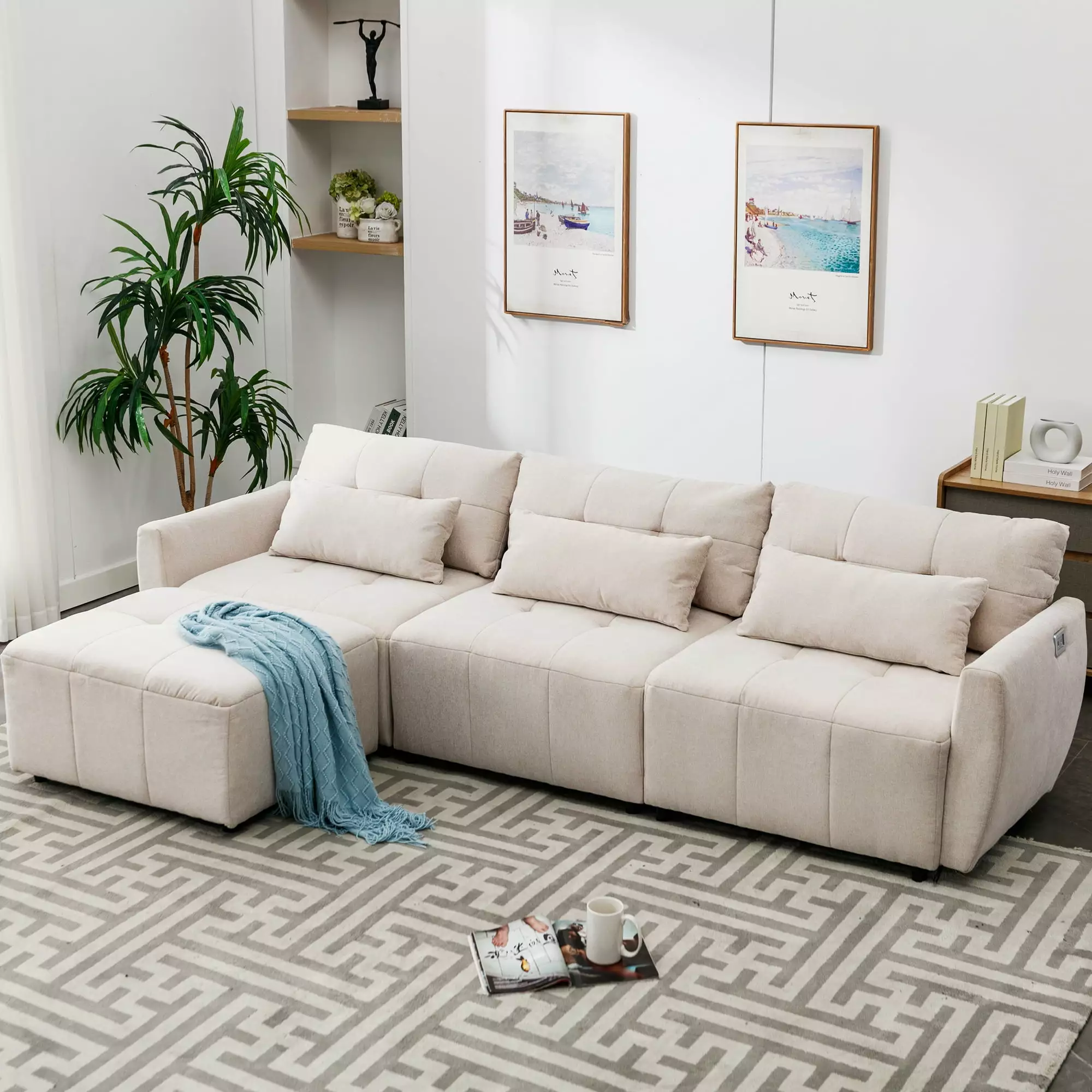 Churanty Modern Sectional Sofa 3 Seat Couch with Convertible Ottoman Chenille L shaped Couch Set with USB Port for Small Space Apartment Office.Beige