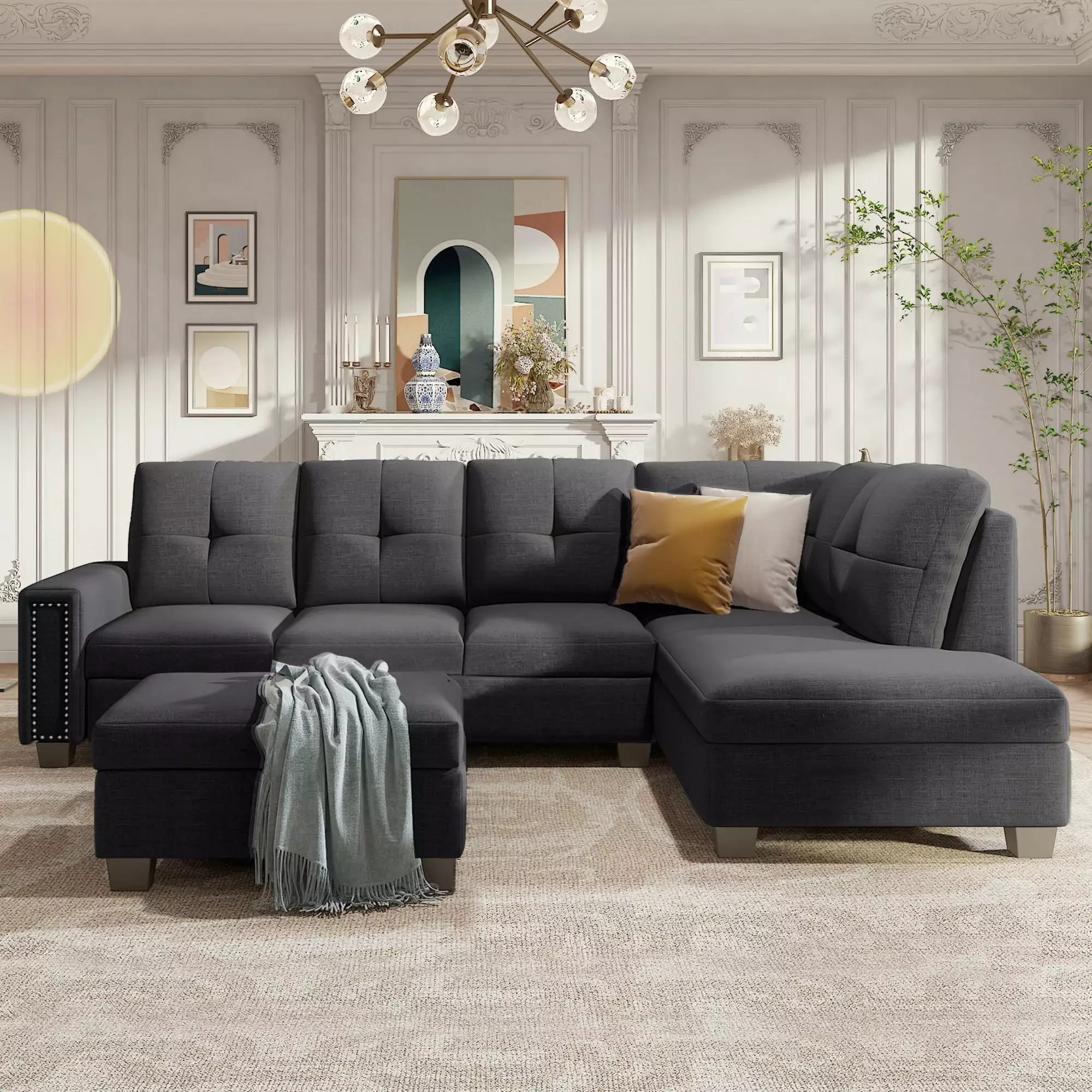 Churanty Sectional Sofa with Reversible Chaise and Storage Ottoman.L shape Couch with Cup Holder and Rivet for Living Room Large Space.Gray