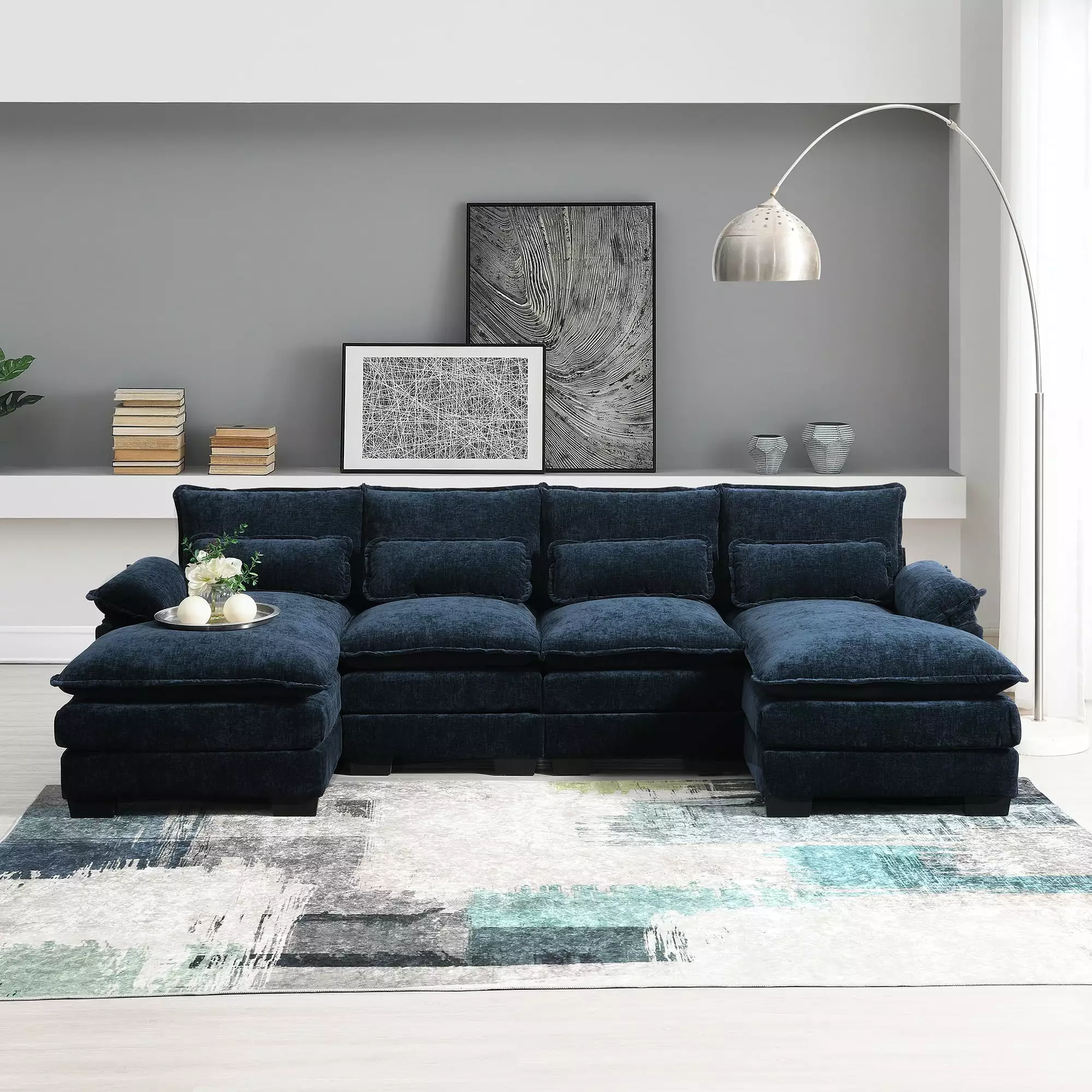 Churanty U shaped Sectional Sofa with 2 Chaise Lounge. Modern 4-seat Chenille Cloud Couch with Waist Pillows for Living Room Apartment.Blue