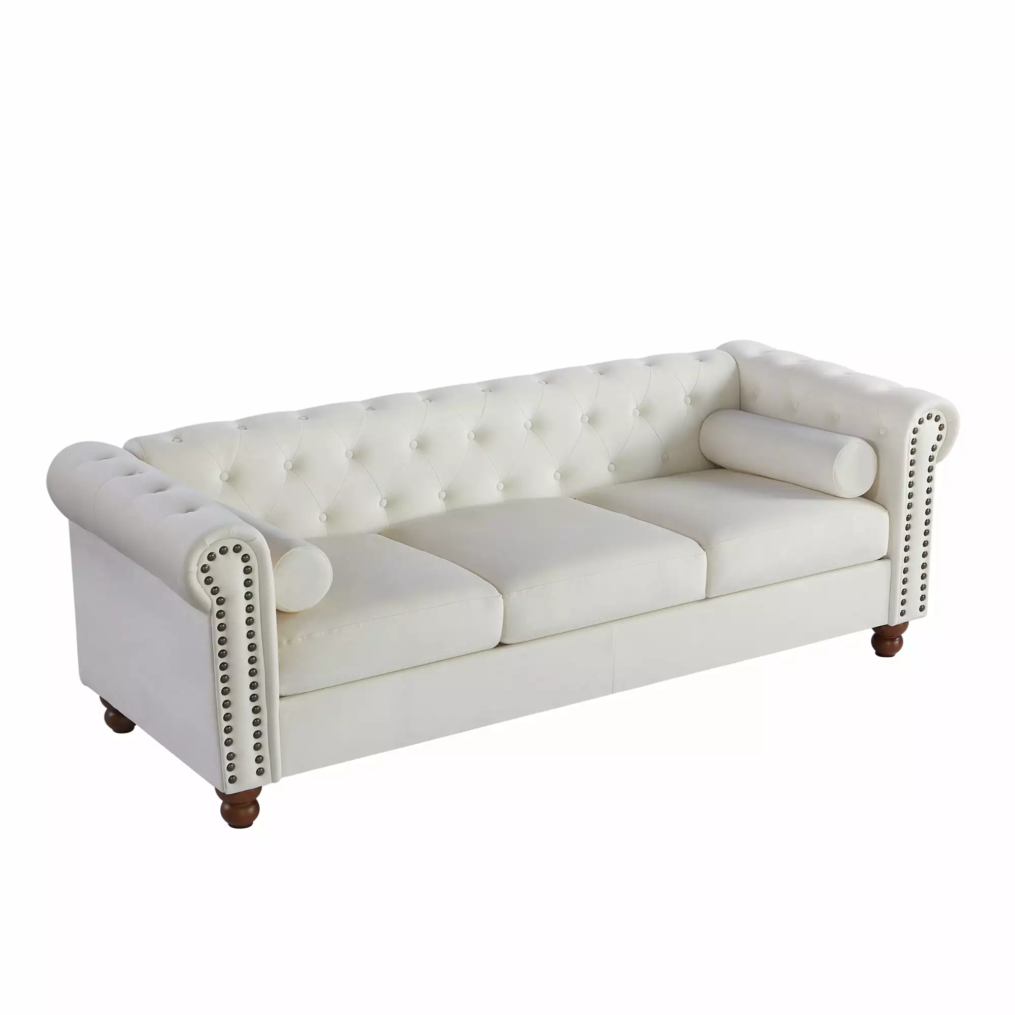 Classic Traditional Living Room Upholstered Sofa with velvet fabric Surface/ Chesterfield Tufted Fabric Sofa Couch. Large-White