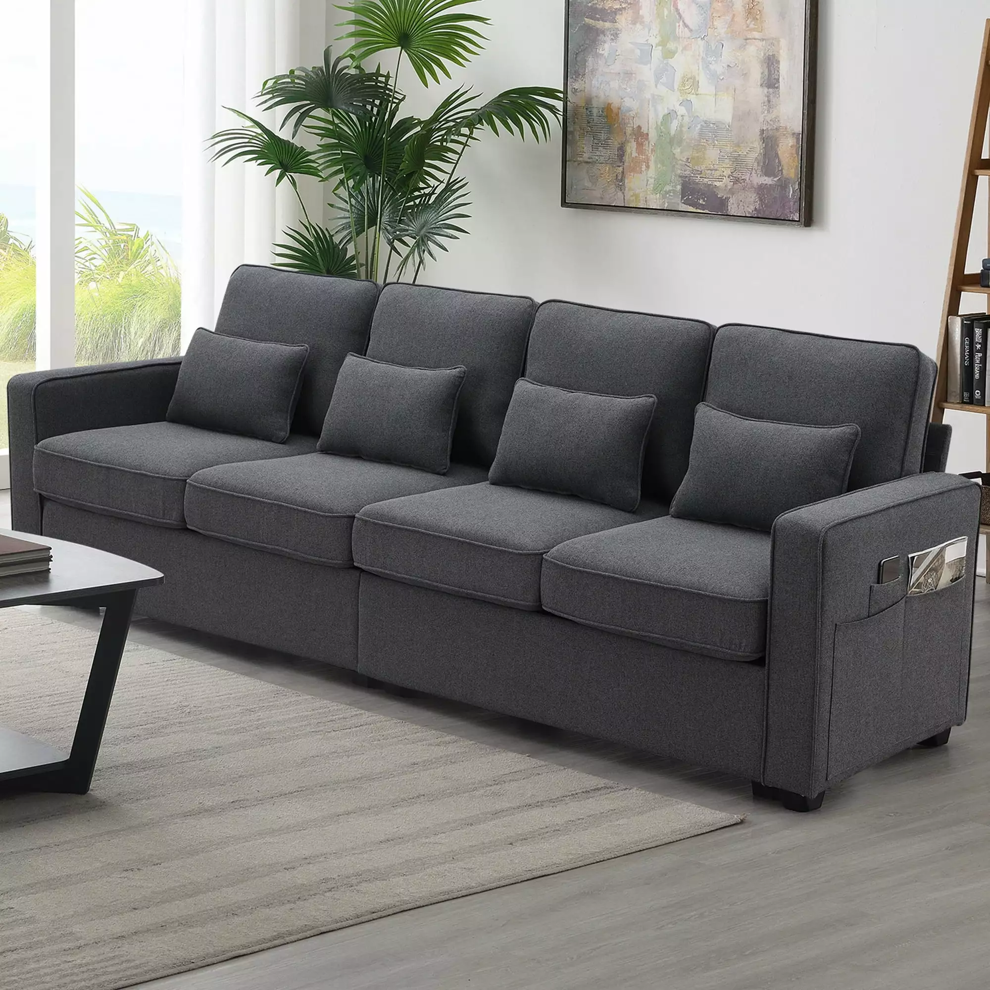 CoSoTower 104 4-Seater Modern Linen Fabric Sofa with Armrest Pockets and 4 Pillows.Minimalist Style Couch for Living Room. Apartment. Office.3 Colors