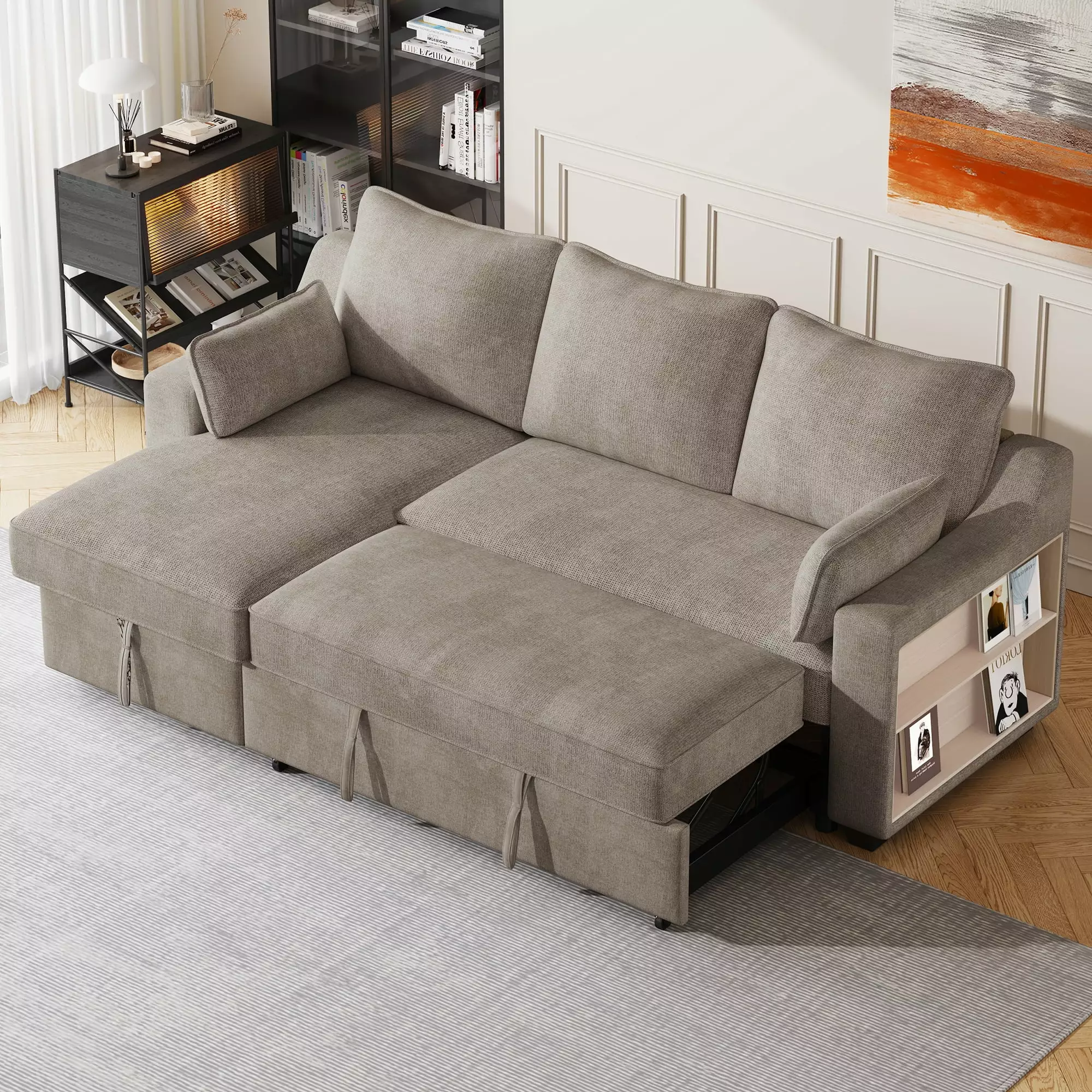 CoSoTower 90 Pull Out Sleeper Sofa L-Shaped Couch Convertible Sofa Bed with Storage Chaise. Storage Racks and USB Ports. Light Brown