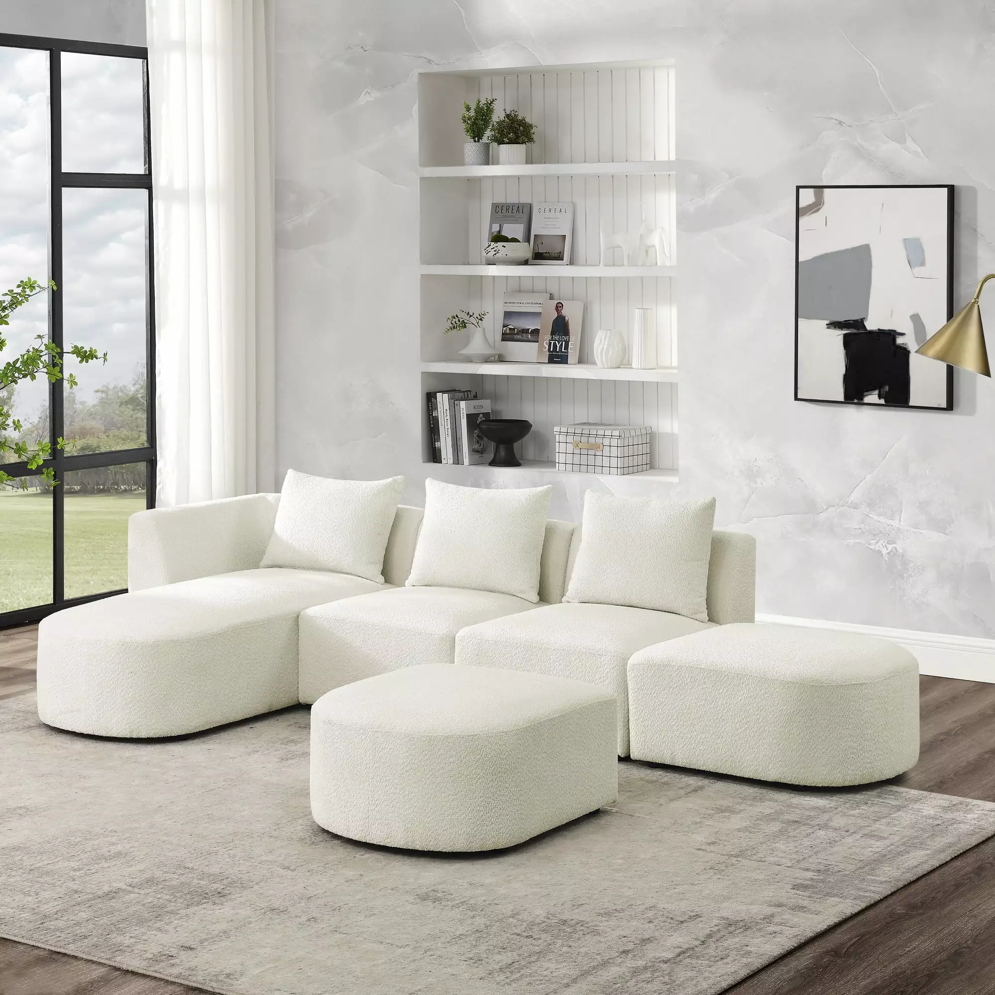 CoSoTower L Shape Sectional Sofa with Left Side Chaise and Ottoman. Modular Sofa. Diy Combination. Loop Yarn Fabric. Beige