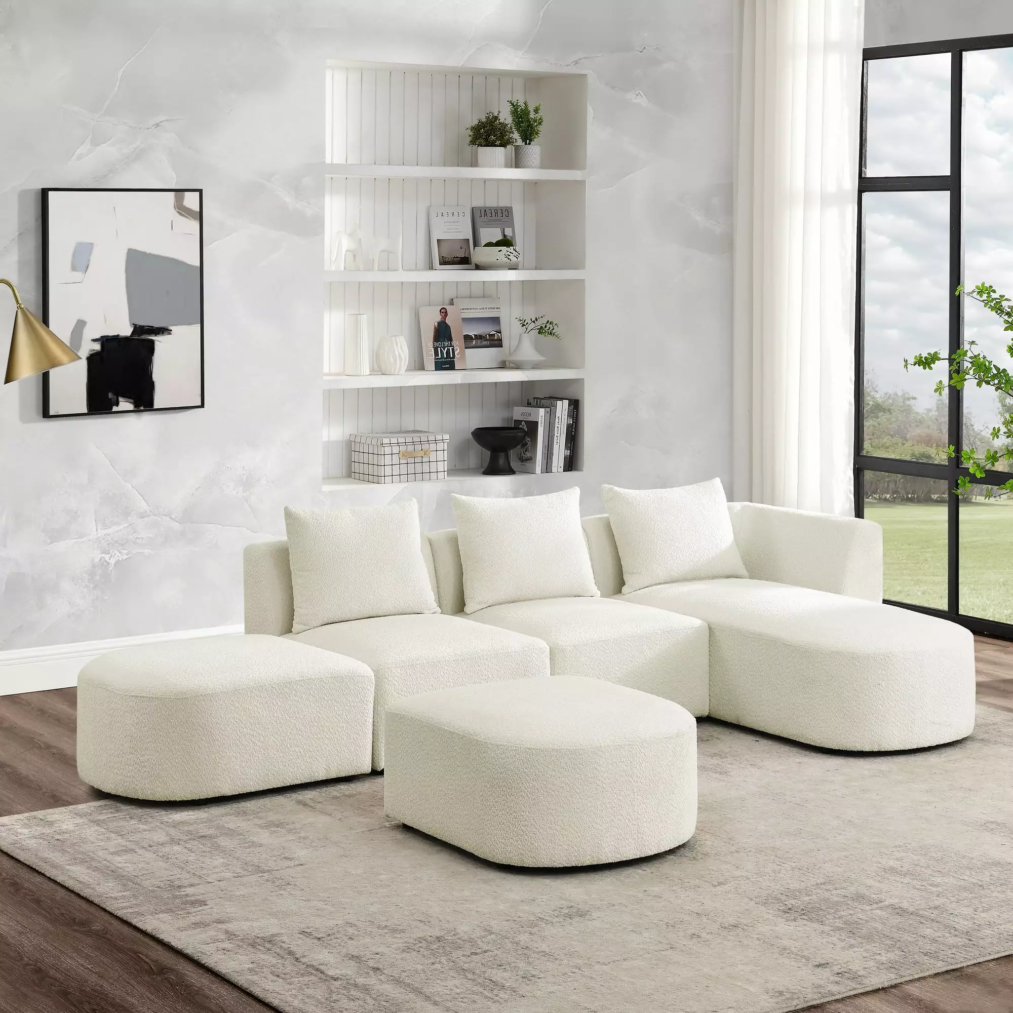 CoSoTower L Shape Sectional Sofa with Right Side Chaise and Ottoman. Modular Sofa. Diy Combination. Loop Yarn Fabric. Beige