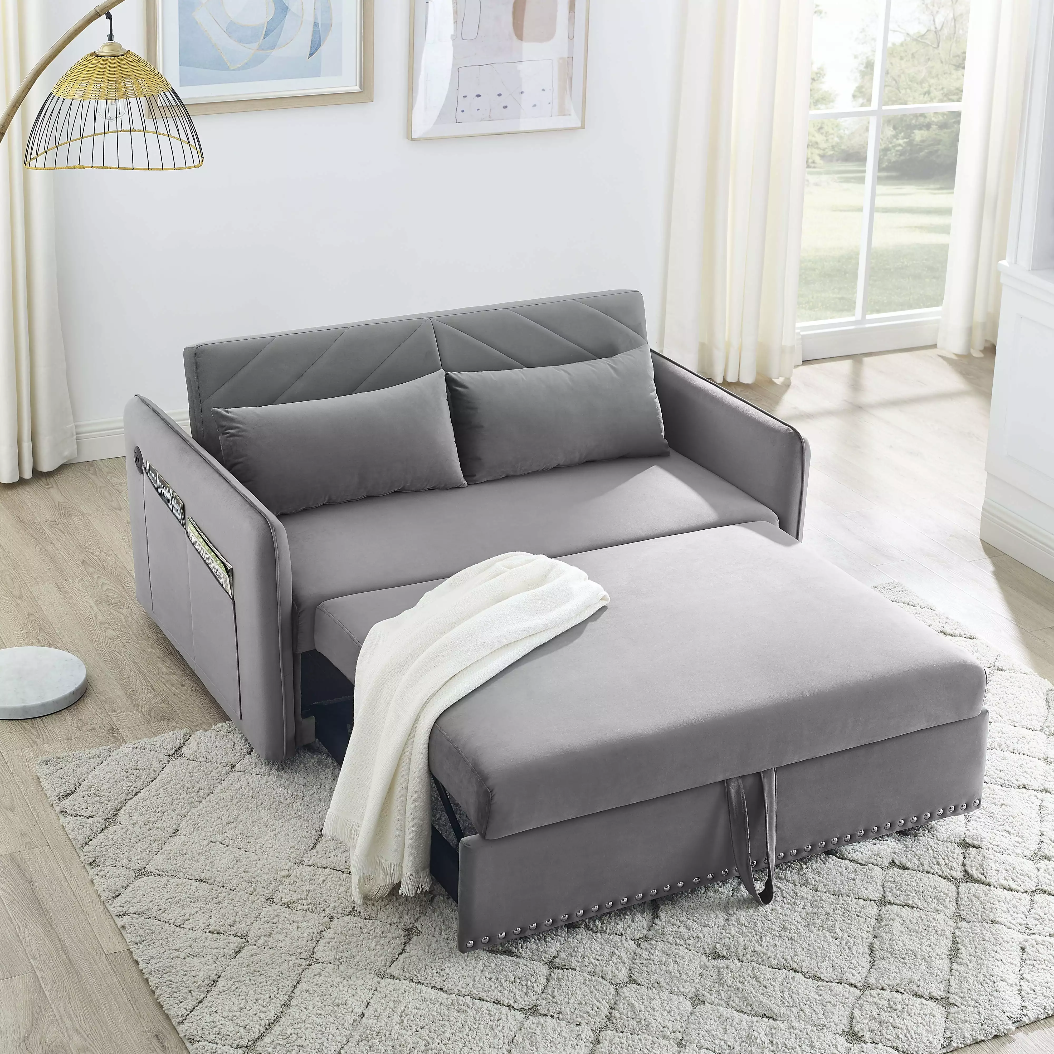 CoSoTower Mh Sleeper Sofa Bed W/Usb Port. 3-In-1 Adjustable Sleeper with Pull-Out Bed. 2 Lumbar Pillows and Side Pocket. Soft Velvet Convertible Sleeper Sofa Bed. Suitable for Living Room Bedroom