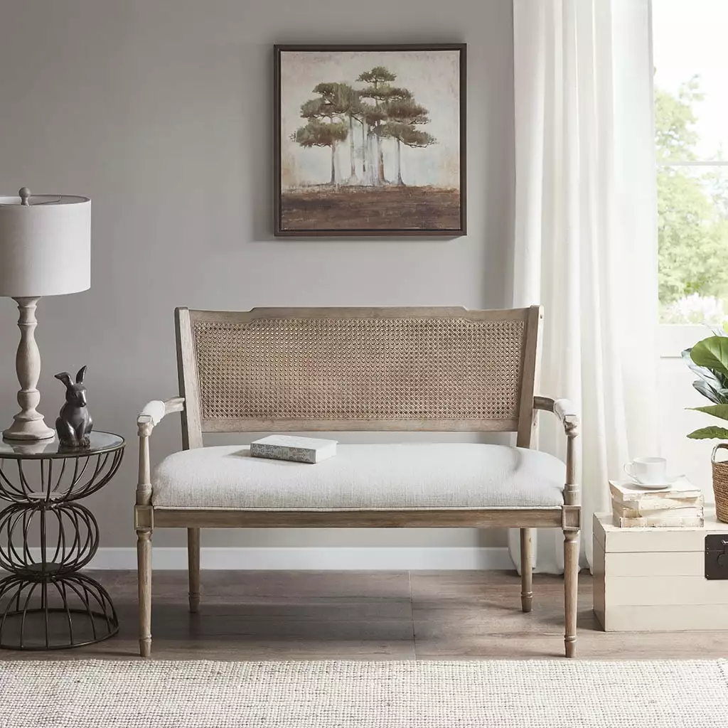 CoSoTower Rustic Settee Features Pillow Topped Arms and An Attached Cushion Upholstered in A Beige Fabric