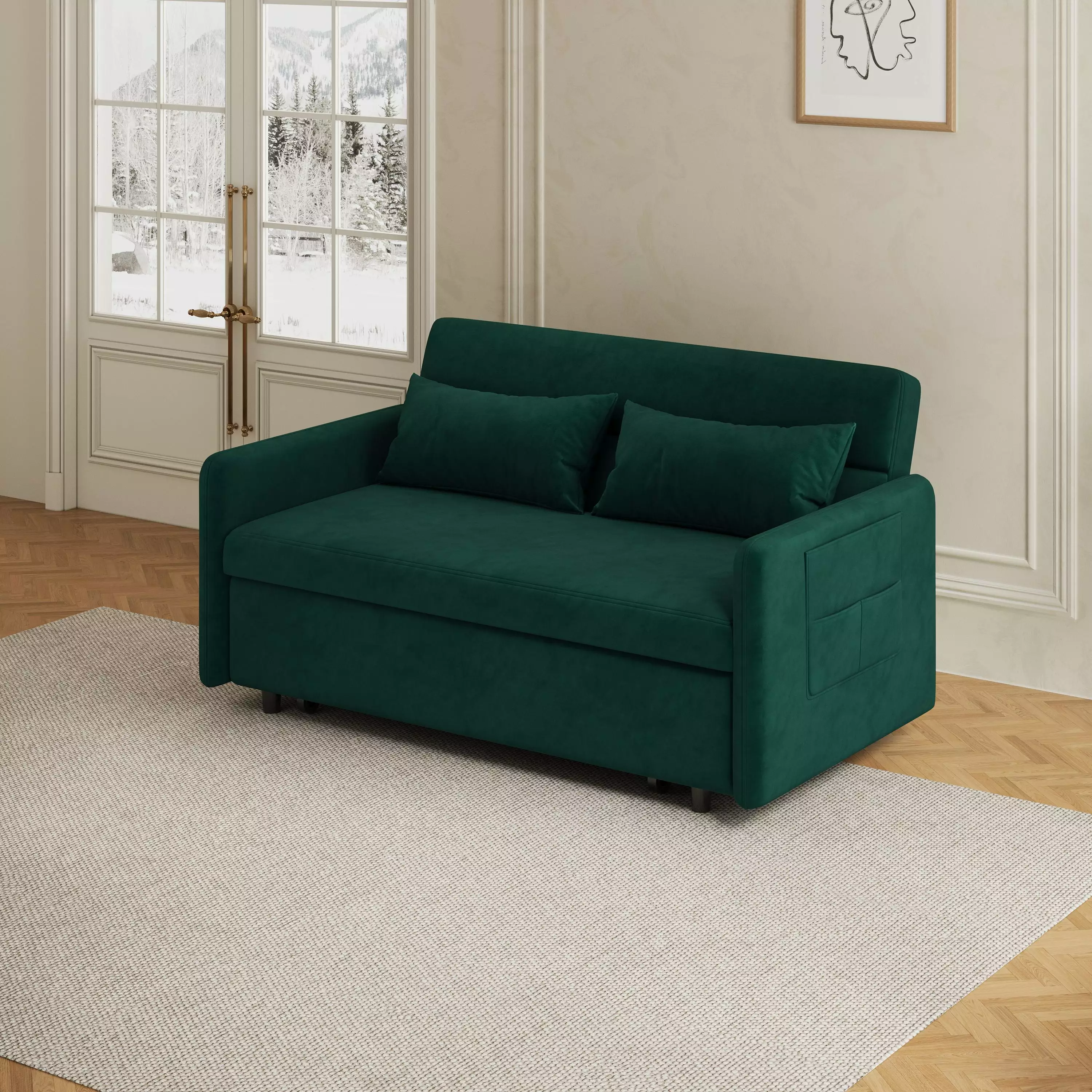 CoSoTower Sofa Pull Out Bed Included Two Pillows 54 Green Velvet Sofa for Small Spaces