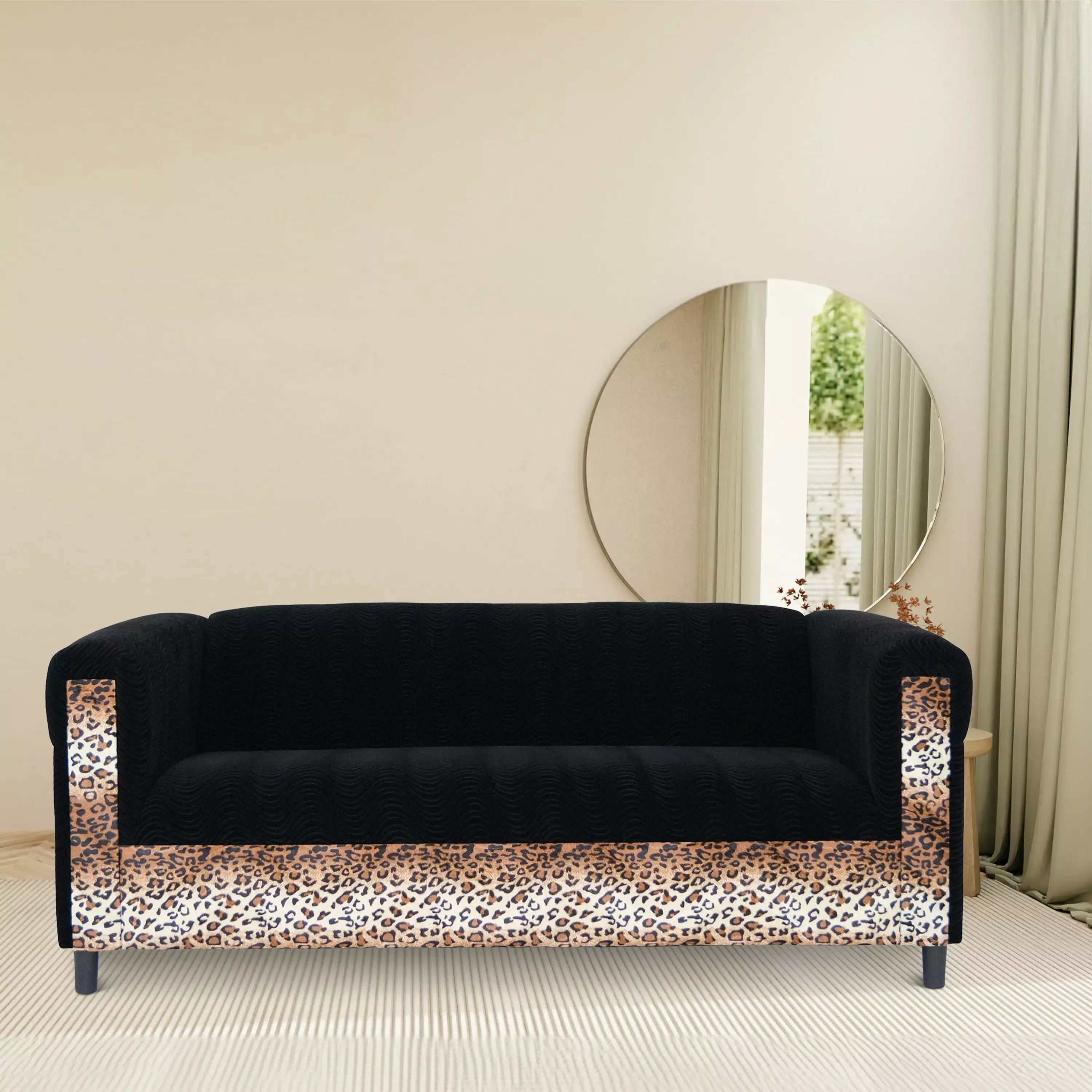 Coast to Coast Sofas Broadway Velvet Black Sofa With Leopard Print. Solid Wood Frame