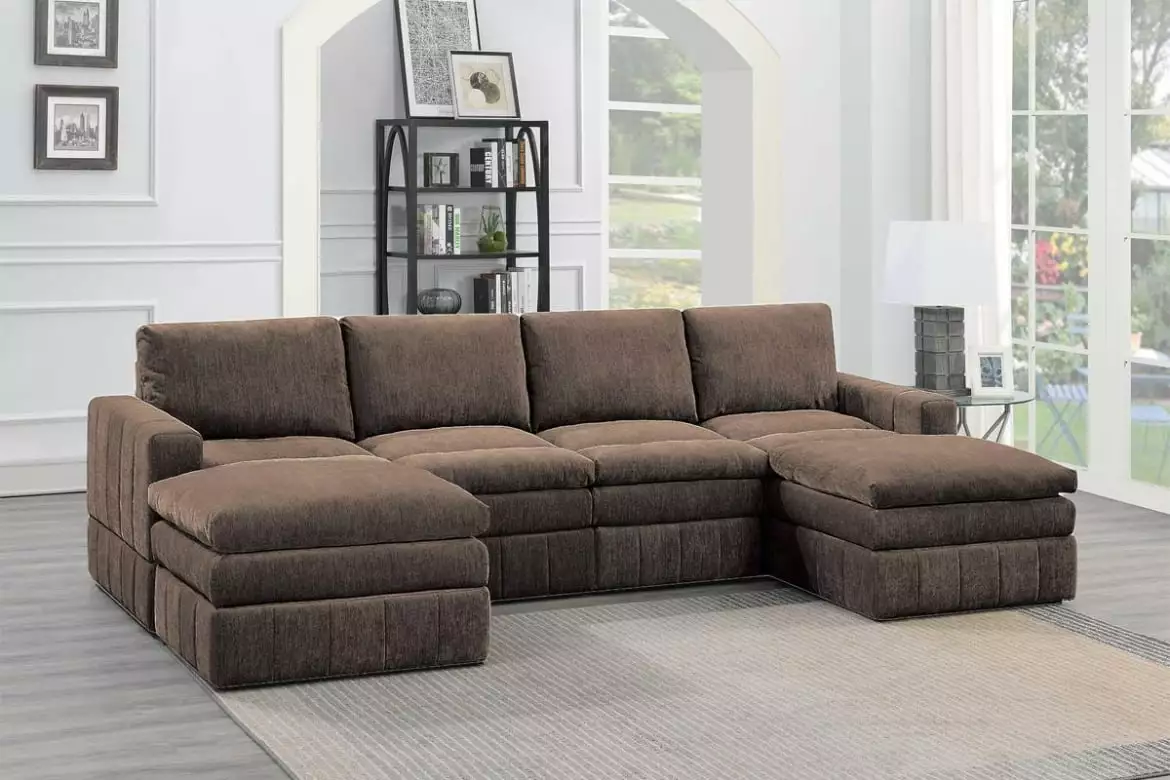 Contemporary 6pc Set Modular Sectional Set 2x Arm Chairs 2x Armless Chairs 2x Ottomans Mink Morgan Fabric Plush Living Room Furniture