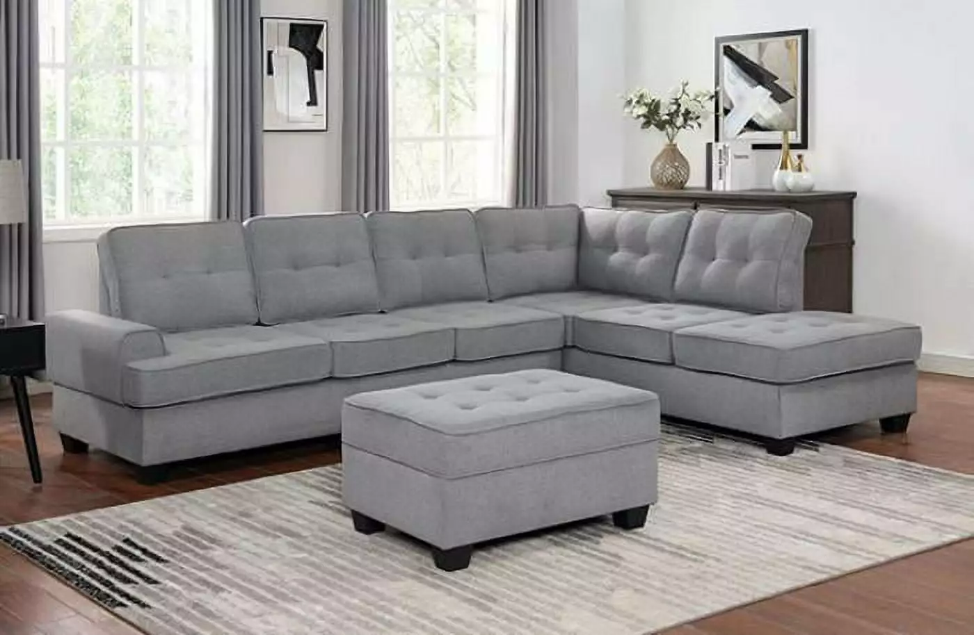 Contemporary Gray Linen-like Fabric Sectional Sofa and Ottoman FOA Linore