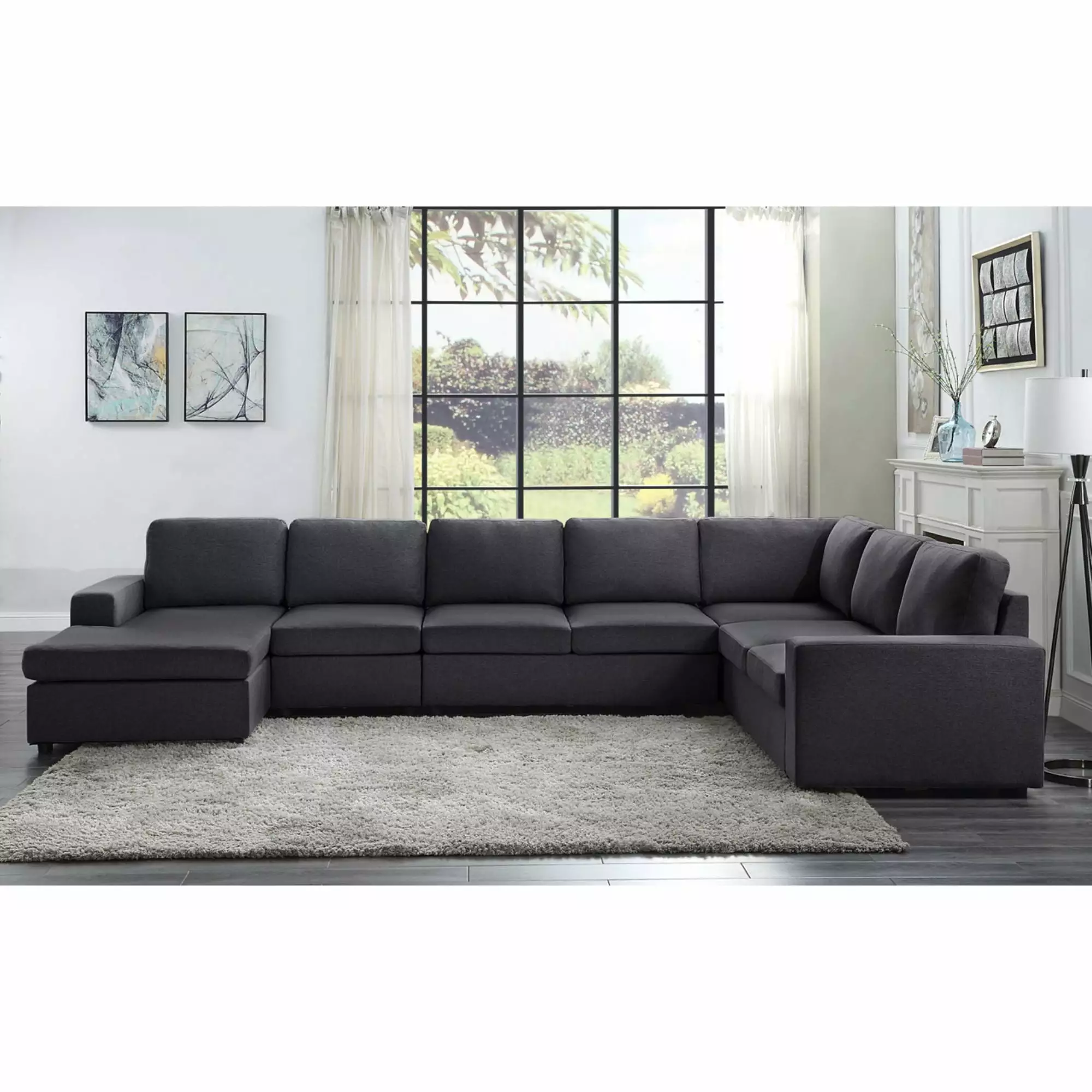 Contemporary Home Living Modular Reversible Sectional in Dark Gray Linen Fabric