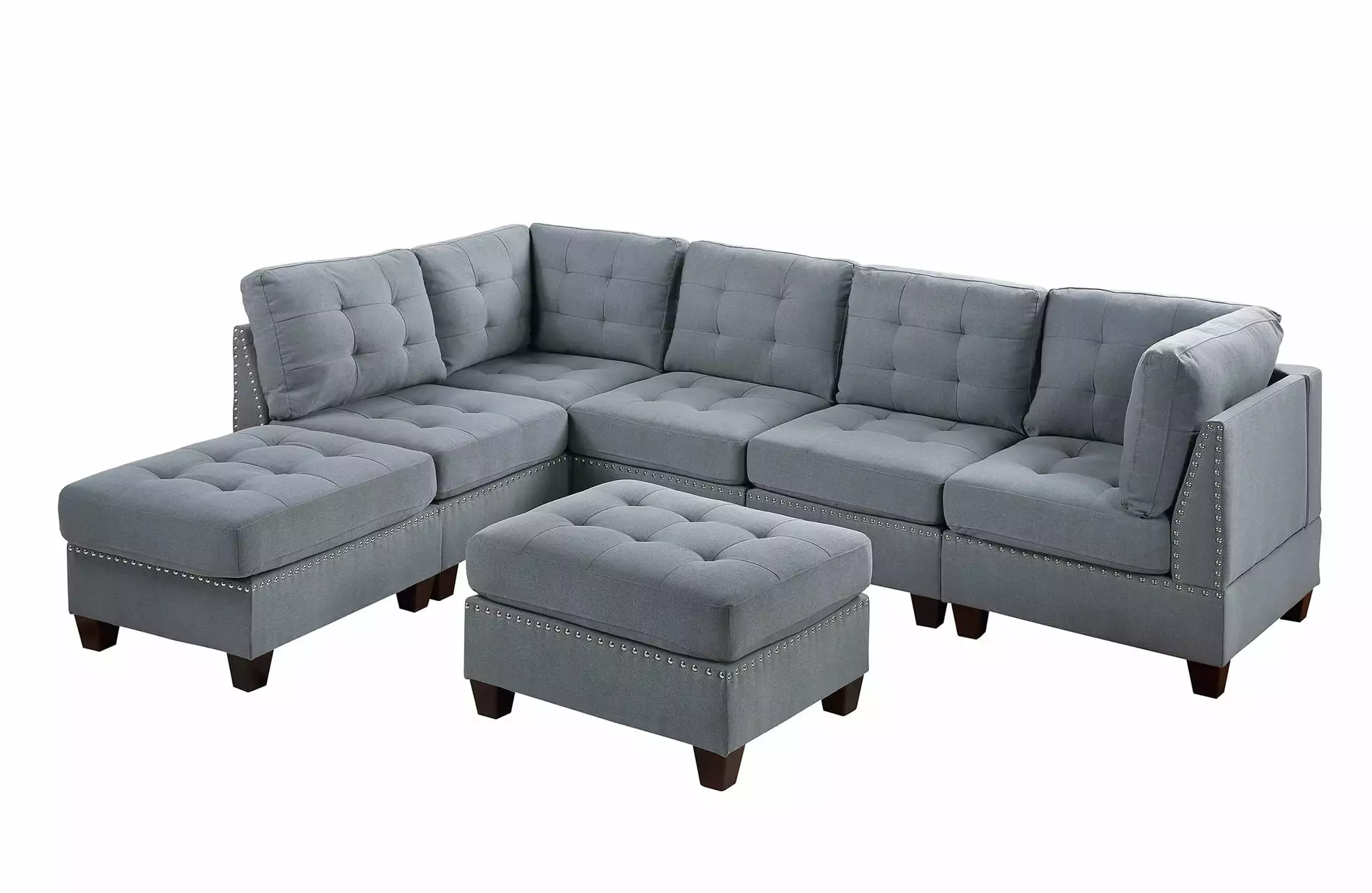 Contemporary Modular Sectional 7Pc Set Living Room Furniture Corner L-Sectional Gray Linen Like Fabric Tufted Nail Heads 2X Corner Wedge 3X Armless Chair And 2X Ottoman