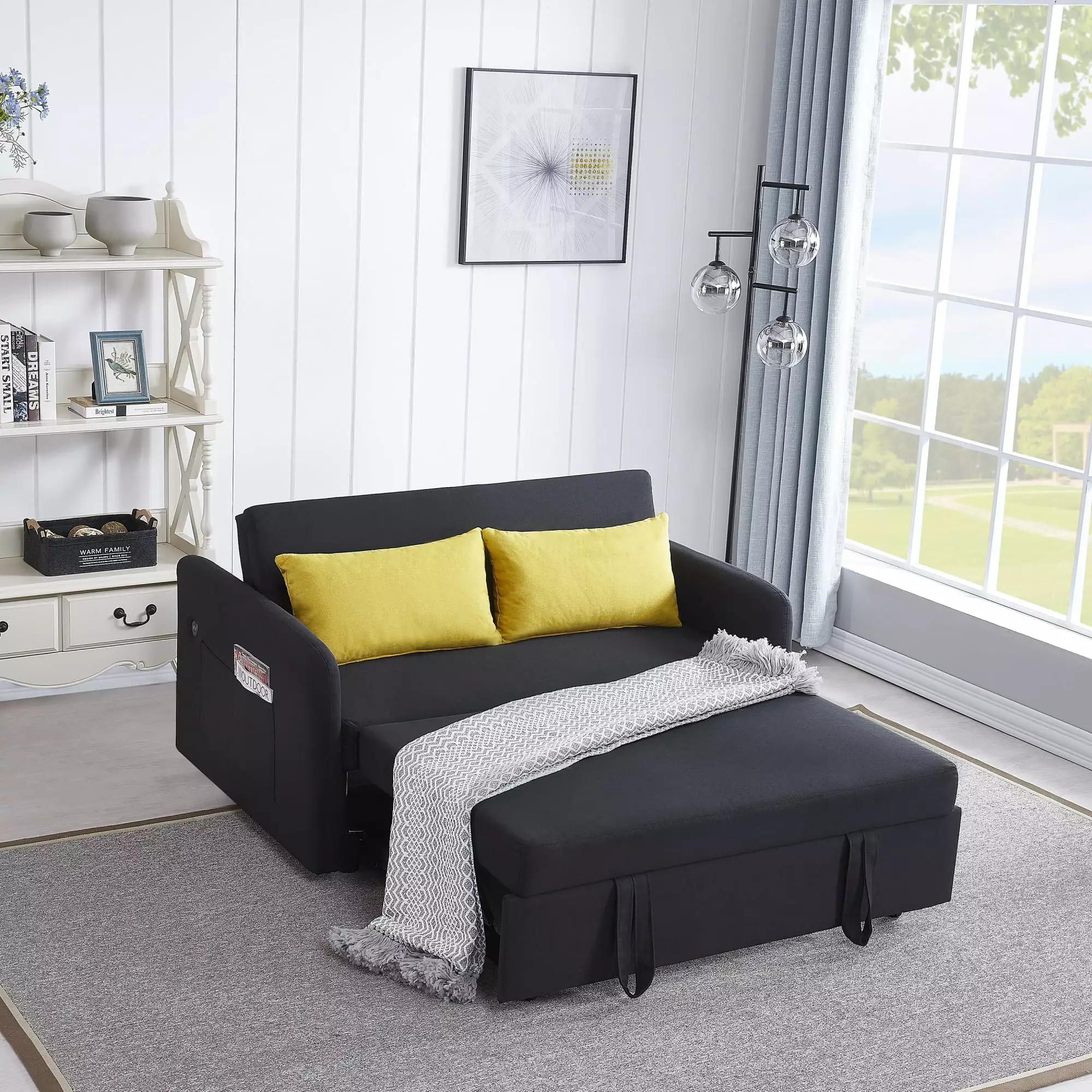 Contemporary Multifunctional Twins Sofa Bed Black Fabric