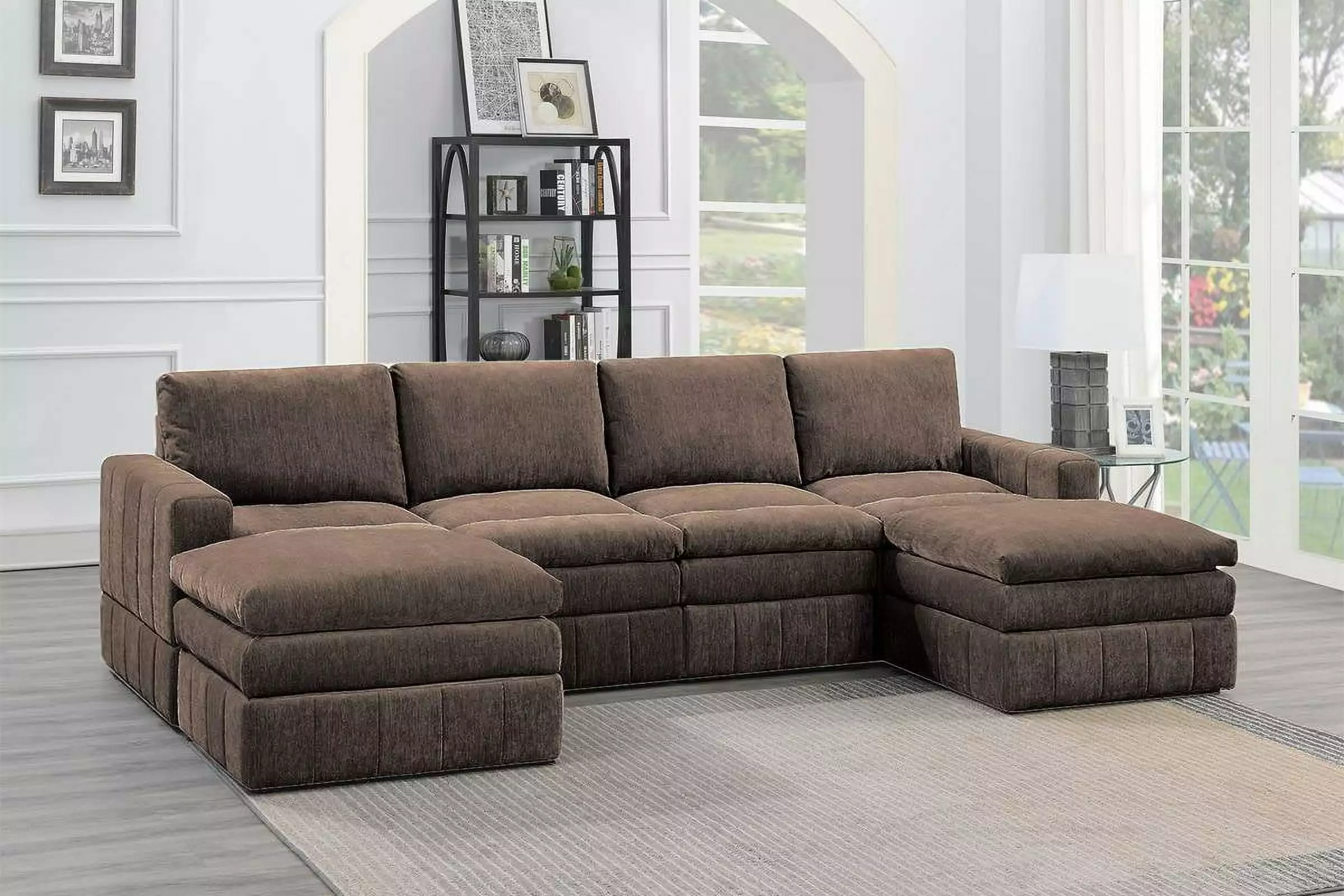 Contemporary Plush Living Room Furniture Set of 6 - Modular Sectional with 2 One Arm Chairs 2 Armless Chairs and 2 Ottomans in Mink Morgan Fabric