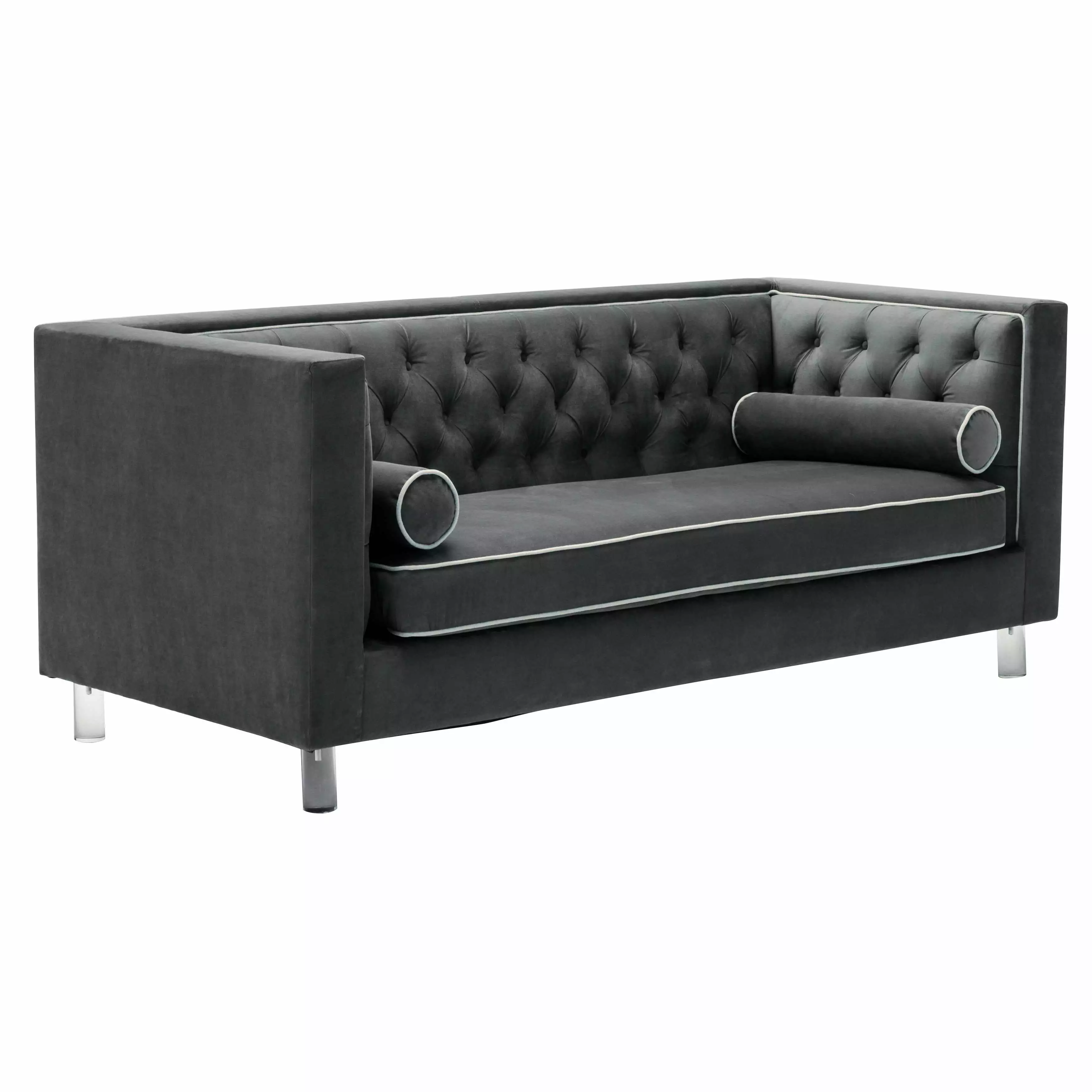 Contemporary Polyester Velvet Fabric Upholstered Button Tufted Living Room Tuxedo Sofa with 2 Lumbar Pillows and Clear Acrylic Legs. Grey