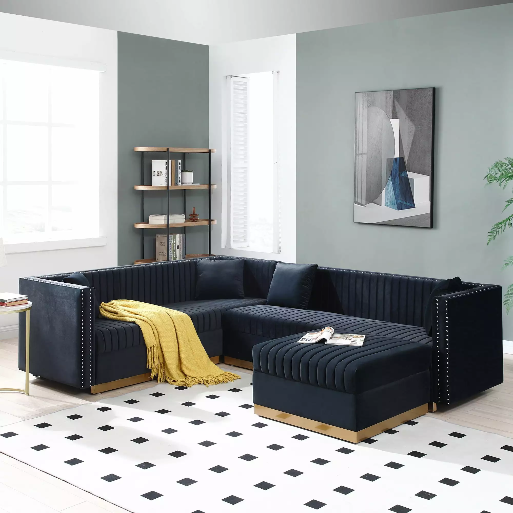 Contemporary Vertical Channel Tufted Velvet Sectional Sofa Modern Upholstered Corner Couch for Living Room Apartment with Ottoman and 4 pillows.Black