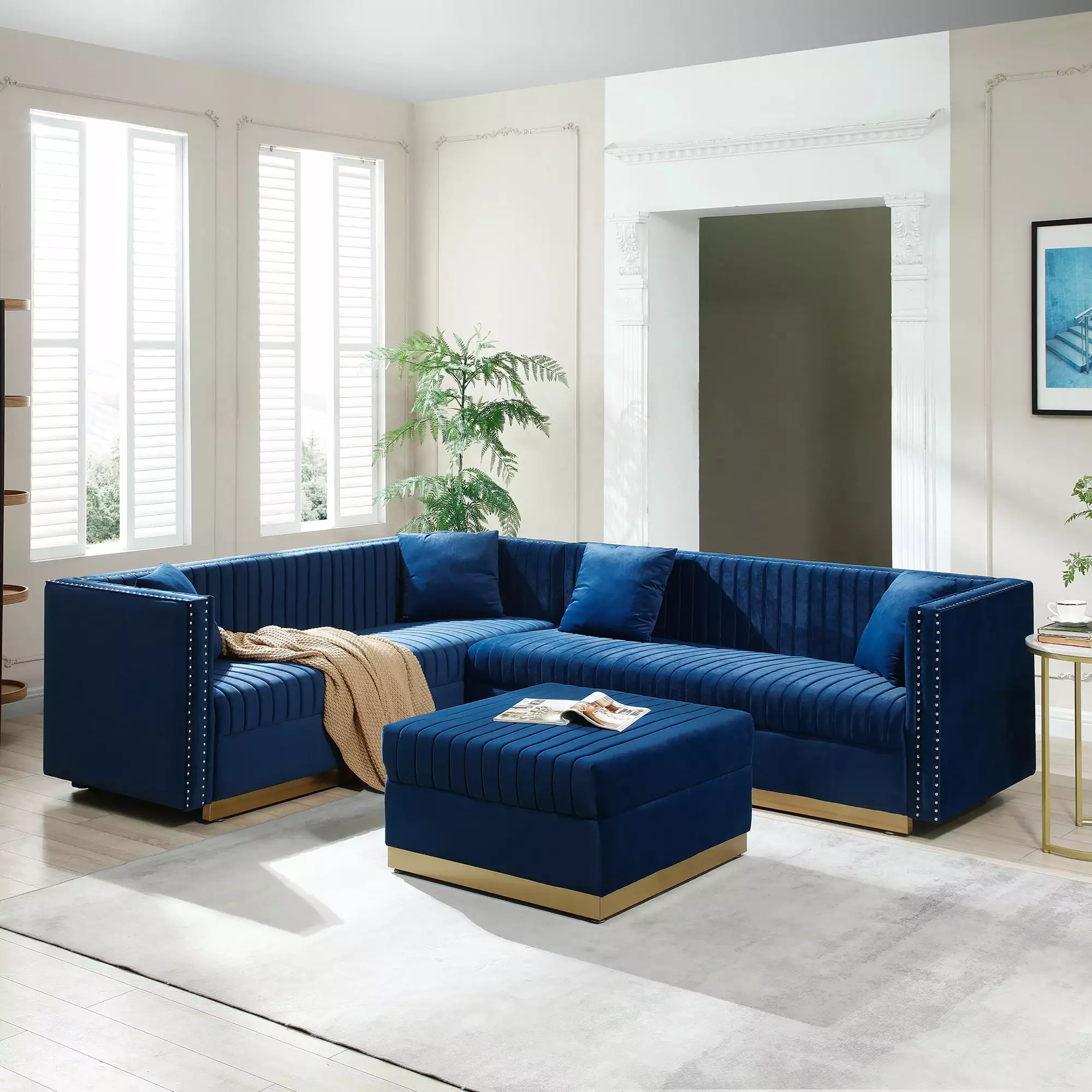 Contemporary Vertical Channel Tufted Velvet Sectional Sofa Modern Upholstered Corner Couch for Living Room Apartment with Ottoman and 4 pillows.Blue