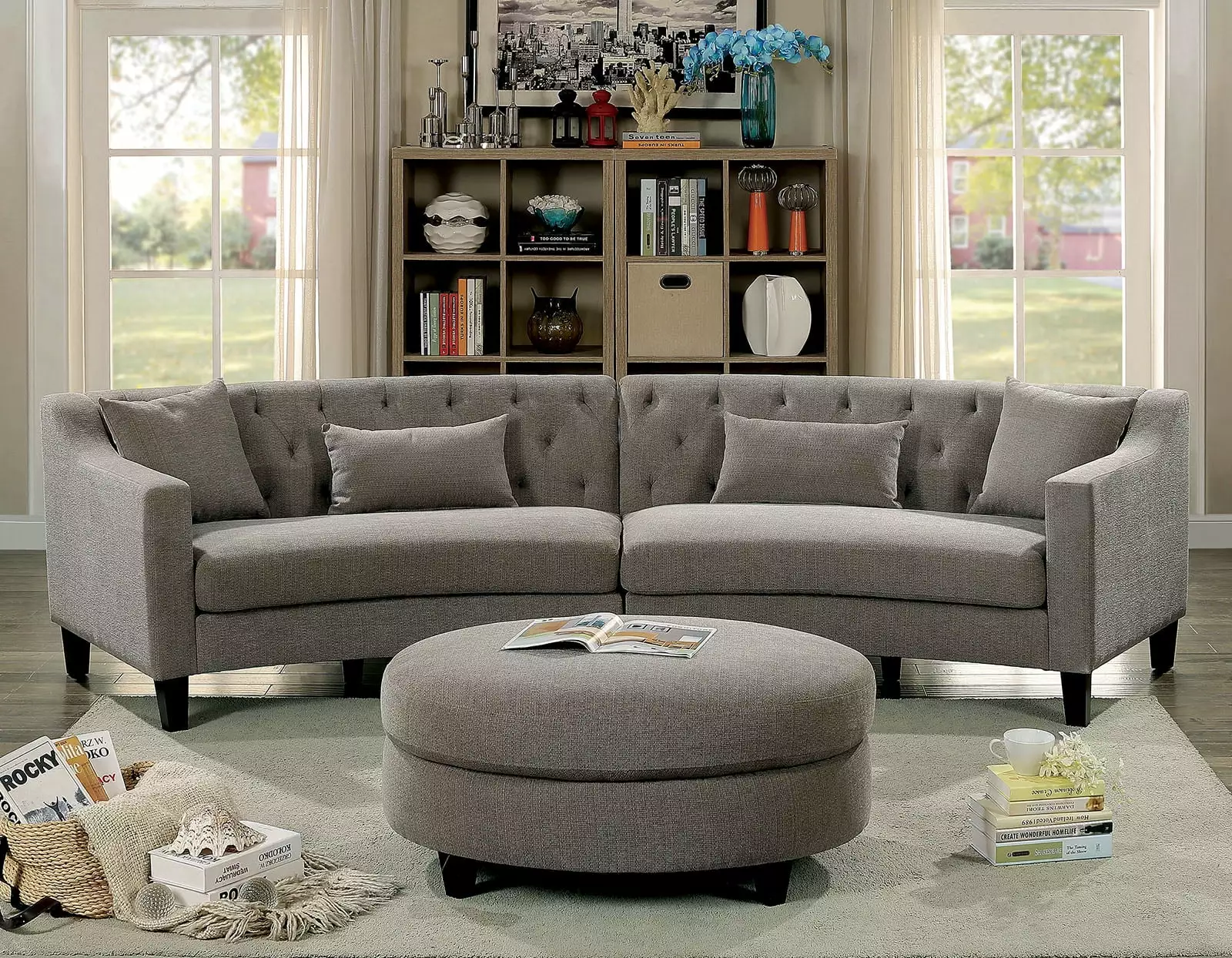 Contemporary Warm Grey Rounded Design Sectional Sofa Couch Linen Like Fabric Tufted Cushion Pillows Armrest Sectionals