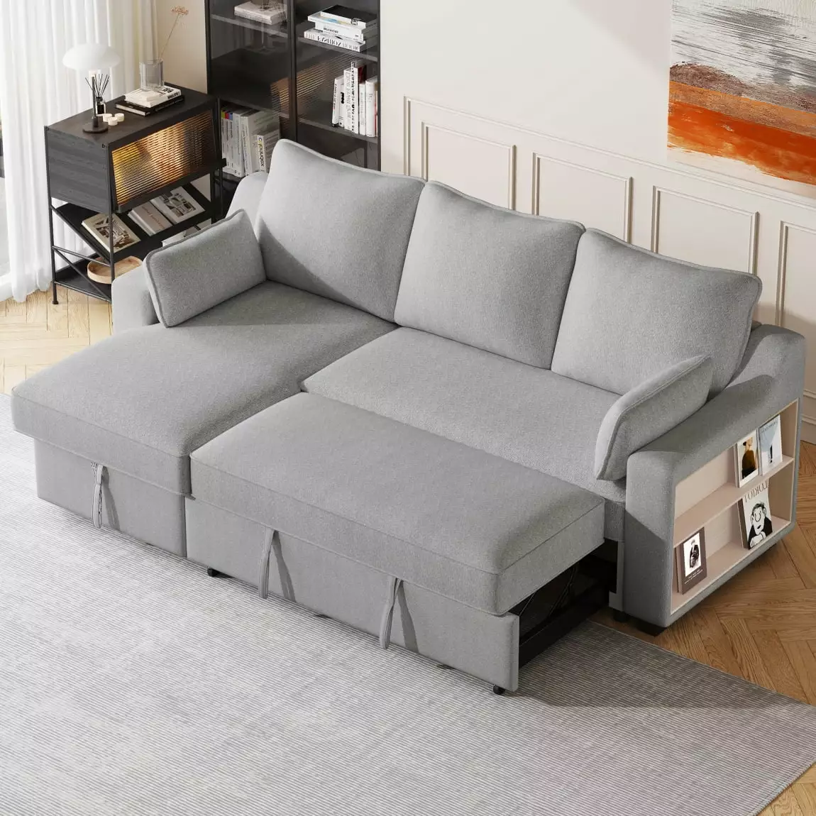 Convertible Chair Bed. Convertible Sofa Bed Sleeper Chair with Storage Chaise & Side Shelves. Built-in USB Port & 2 Throw Pillows. Pull Out Sofa Bed Couch Loveseat Sleeper for Living Room. Light Grey