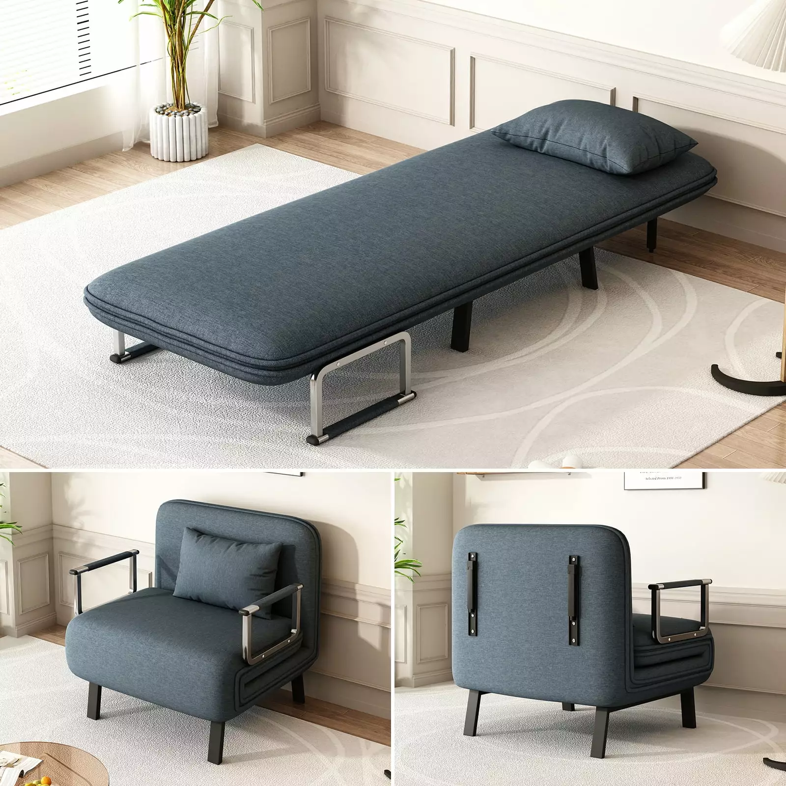 Convertible Chair Bed. Tri-Fold Sofa Bed with Adjustable Backrest and Pillow. Sturdy Steel Frame. Comfortable Sleeper Chair for Home and Office. Blue