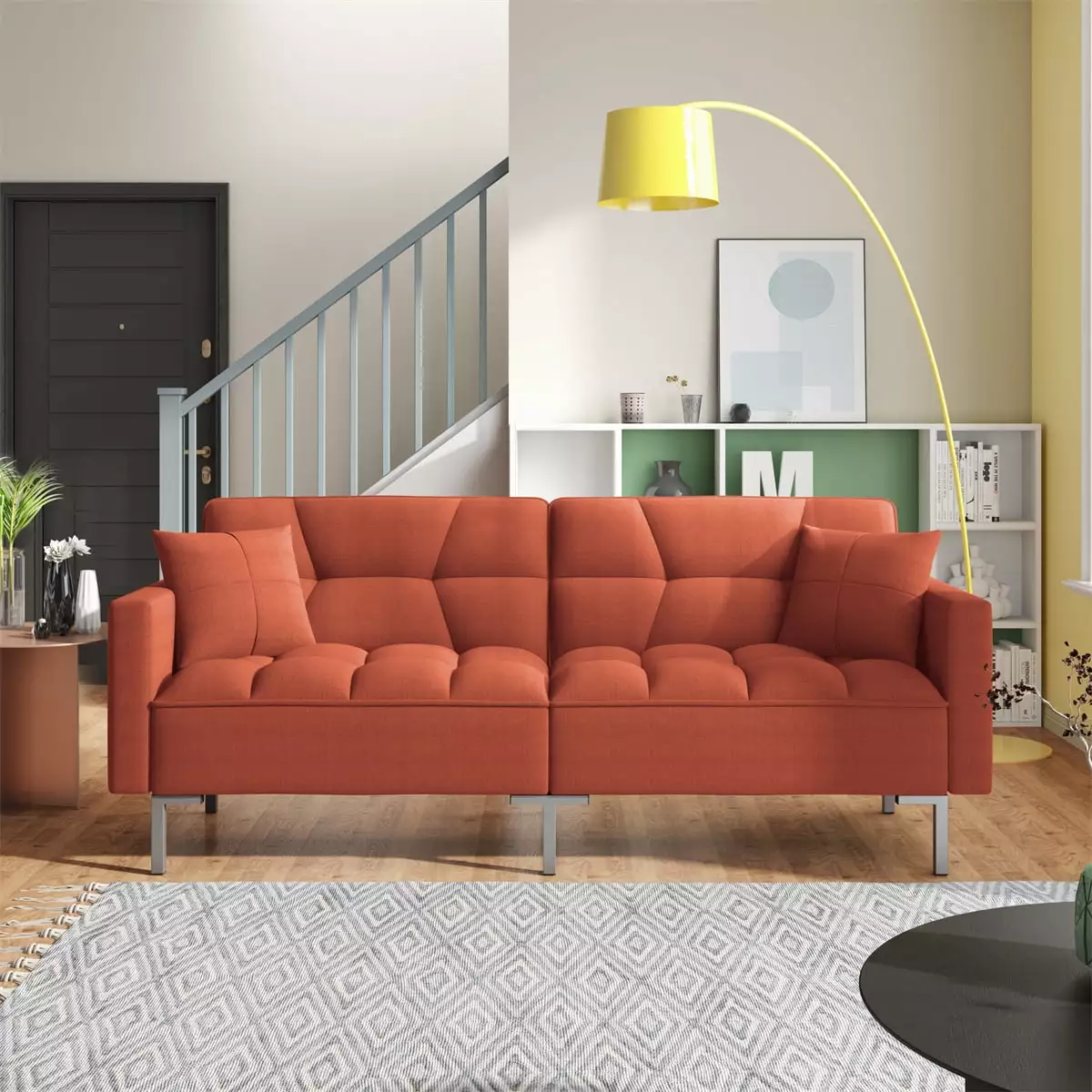 Convertible Folding Futon Sofa Bed. Linen Upholstered Loveseat with Pillows and Metal Legs. Modern Living Room Sofa Bed for Dorm Apartment or Other Compact Living Space. Orange