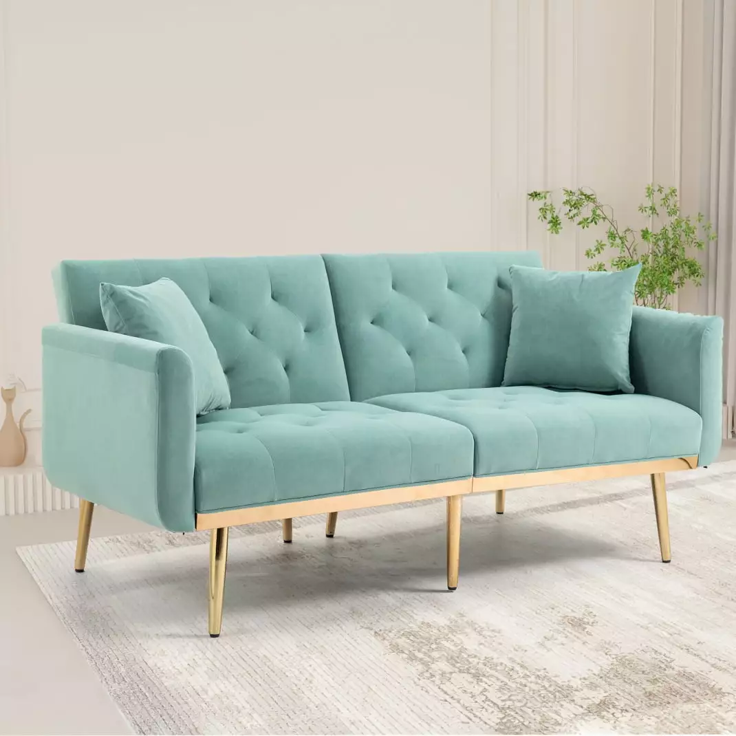 Convertible Folding Sofa Bed with 2 Pillows. Velvet Loveseat Sofa with Metal Legs & Adjustable Backrest. Accent Sofa Couch with Armrest. for Living Room. Office. Lounge. Mint Green