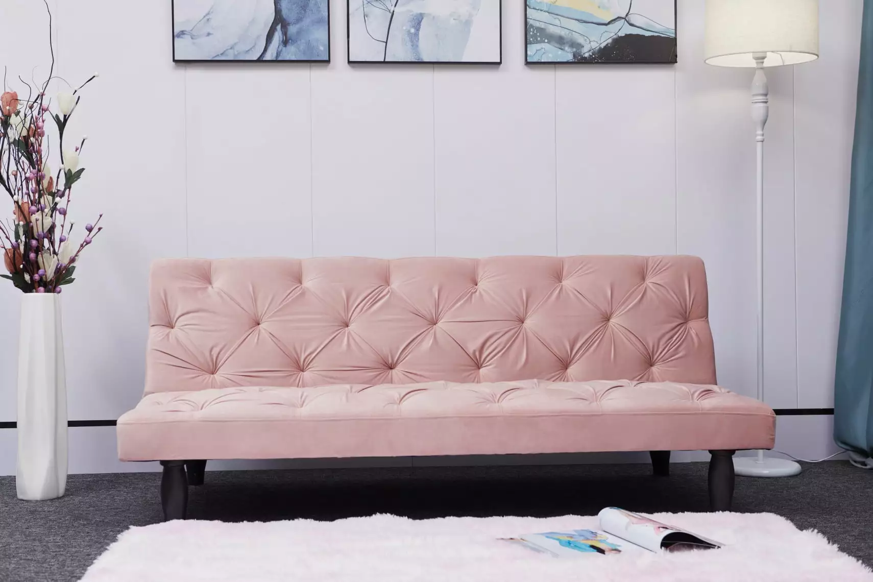 Convertible Futon Sleeper Sofa Bed. Velvet Folding Sofa with 3 Adjustable Backrest Angles and Upholstered Seat.Recliner Sofa Convert into Sofa Bed for Living Room Bedroom.Pink