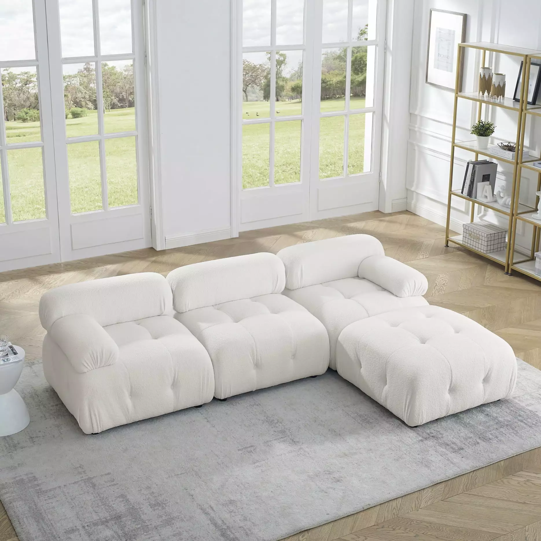 Convertible Modular Sectional Sofa. L Shaped Couch with Reversible Ottoman. Button Tufted Teddy Fabric Couches for Living Room