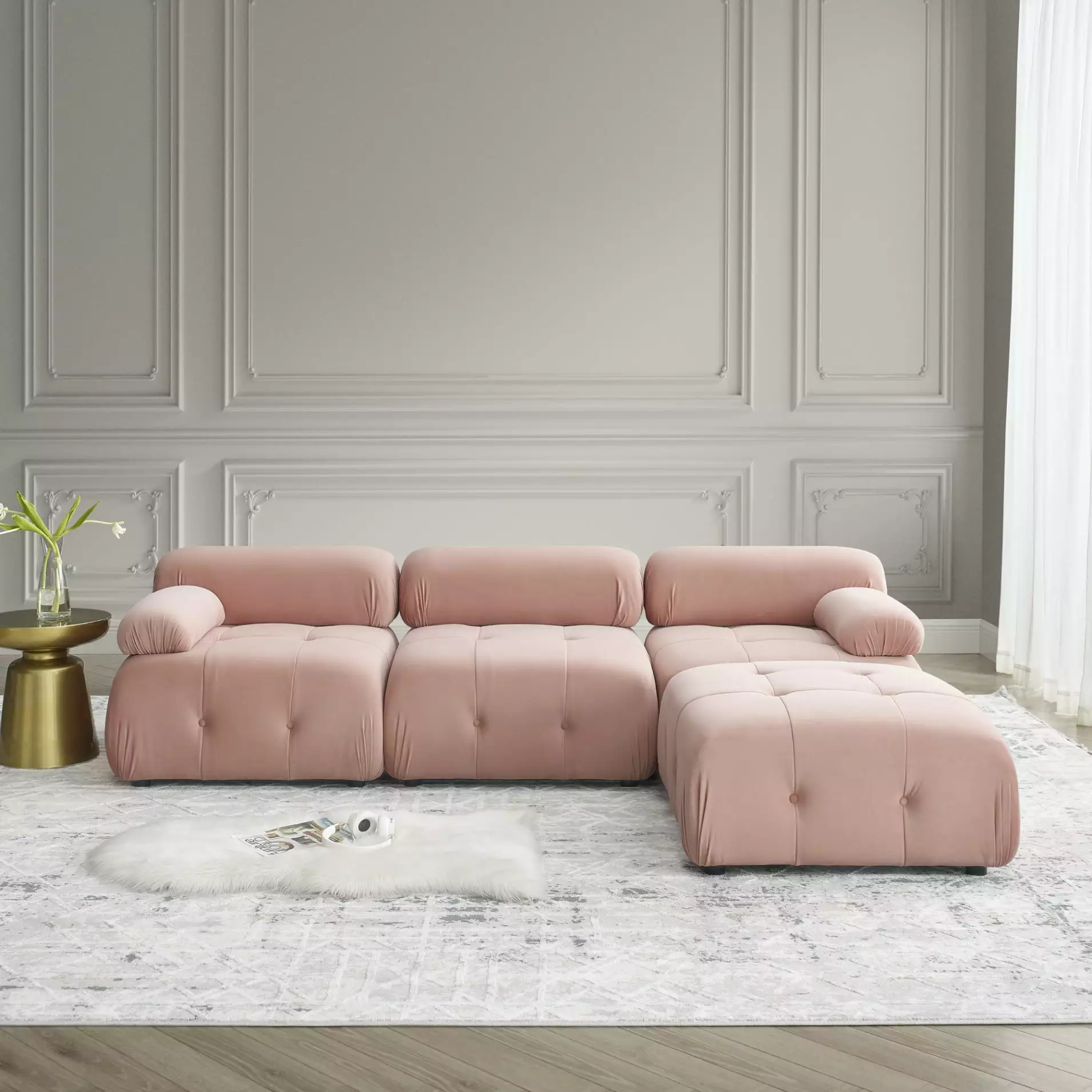 Convertible Modular Sectional Sofa. Modern L Shaped Couch with Reversible Ottoman. Living Room Sofa with Button Tufted Designed. 4-Seat Sofa for Living Room. Apartment. Office. Pink