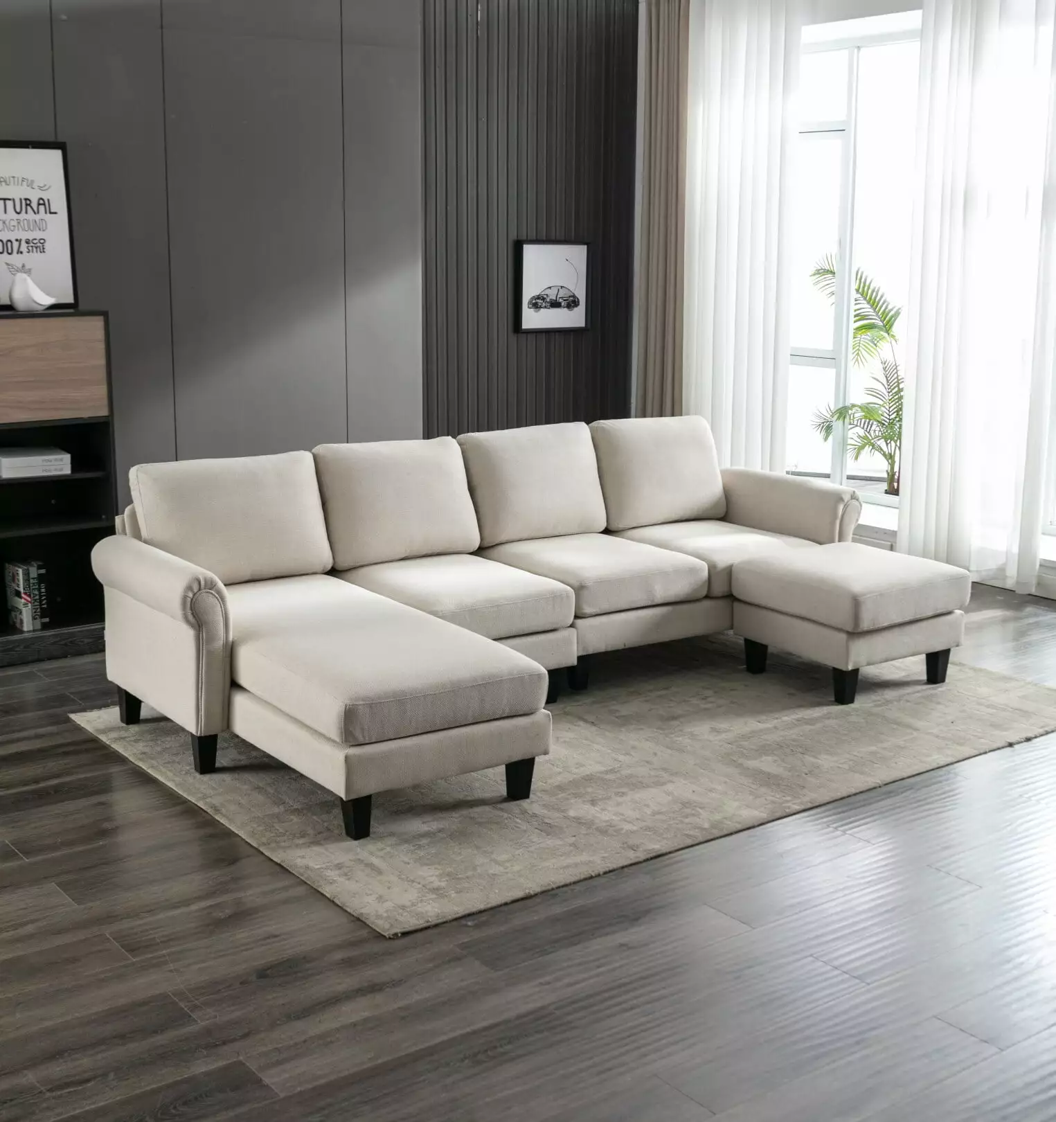 Convertible Modular Sectional Sofa.Modern Upholstered L-Shaped Corner Sofa Couch with Chaise and Ottoman.6-Seater Sofa for Living Room Apartment Office.Beige