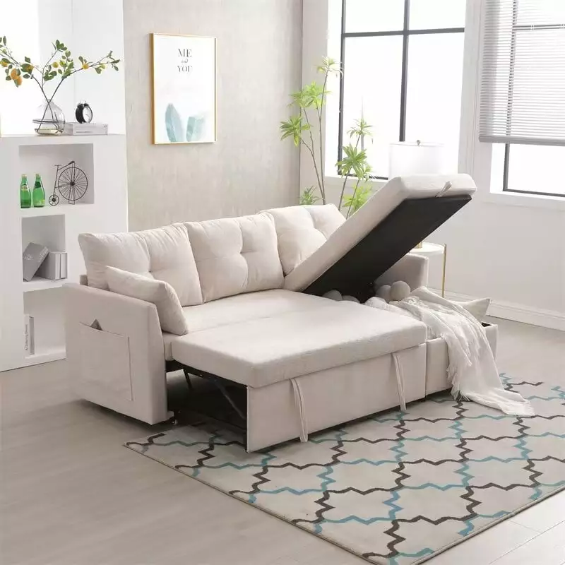 Convertible Sectional Sleeper Sofa with Pull Out Bed. 81 L-Shaped Sofa Couch with Reversible Chaise and Storage Seats. Modular Sectional Couch for Living Room. Beige