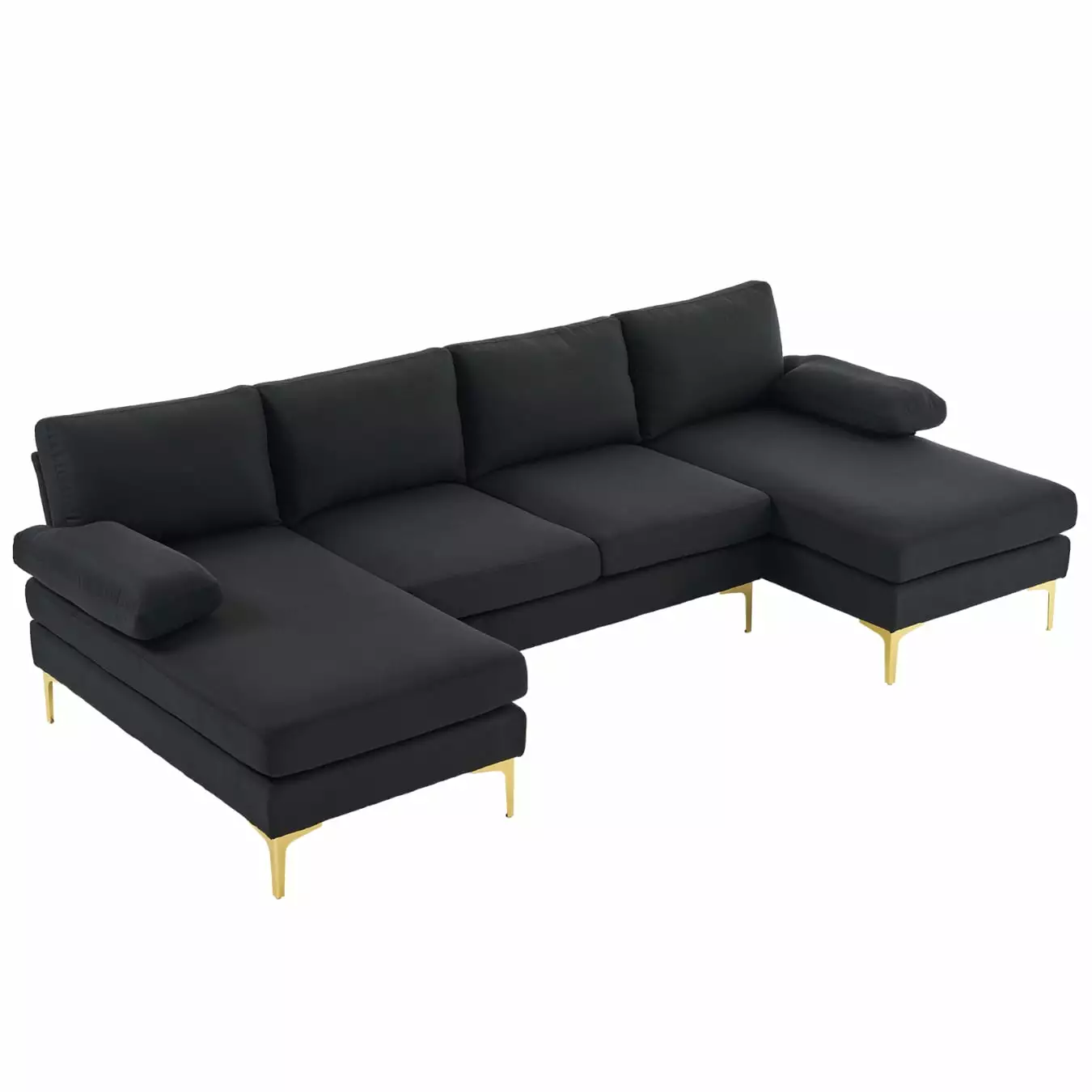 Convertible Sectional Sofa 110 U-Shape Sofa Couch 4-Seat Couch with Tufted Seat Cushion and Golden Metal Legs Linen Fabric Upholstered Modular Sofa for Living Room. Apartment. Office. Black