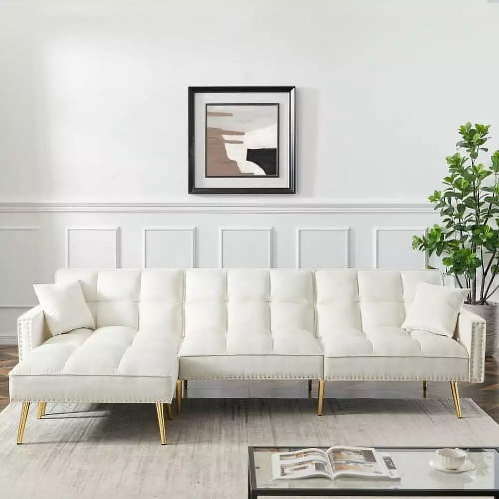 Convertible Sectional Sofa Bed. Modern Velvet Upholstered L-Shaped Sectional Couch with Reversible Chaise & Nail Head. Mid-Century Modular Sofa. Living Room Furniture Set. White