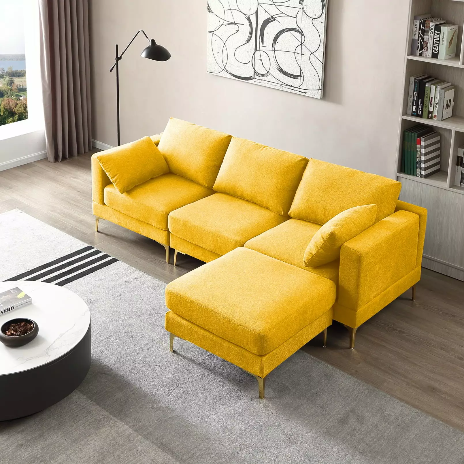 Convertible Sectional Sofa Couch. 3-Seat Sofa Couch with Ottoman. Modern Fabric L Shape Couch with Thick Backrest and Seat Cushion for Living Room. Apartment and Office. Metal Legs. 2 Pillows. Yellow