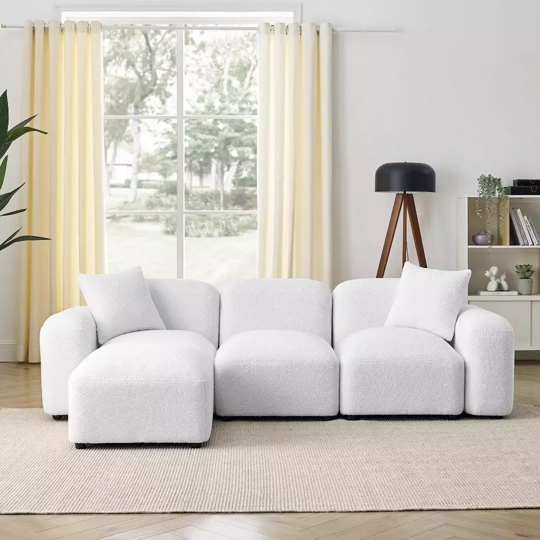 Convertible Sectional Sofa Couch. 94.5''W L-Shaped Couch with Ottoman. 3-Seat Sectional Sofas for Living Room/Bedroom/Office/Small Space. DIY Combination. Teddy Fabric. White