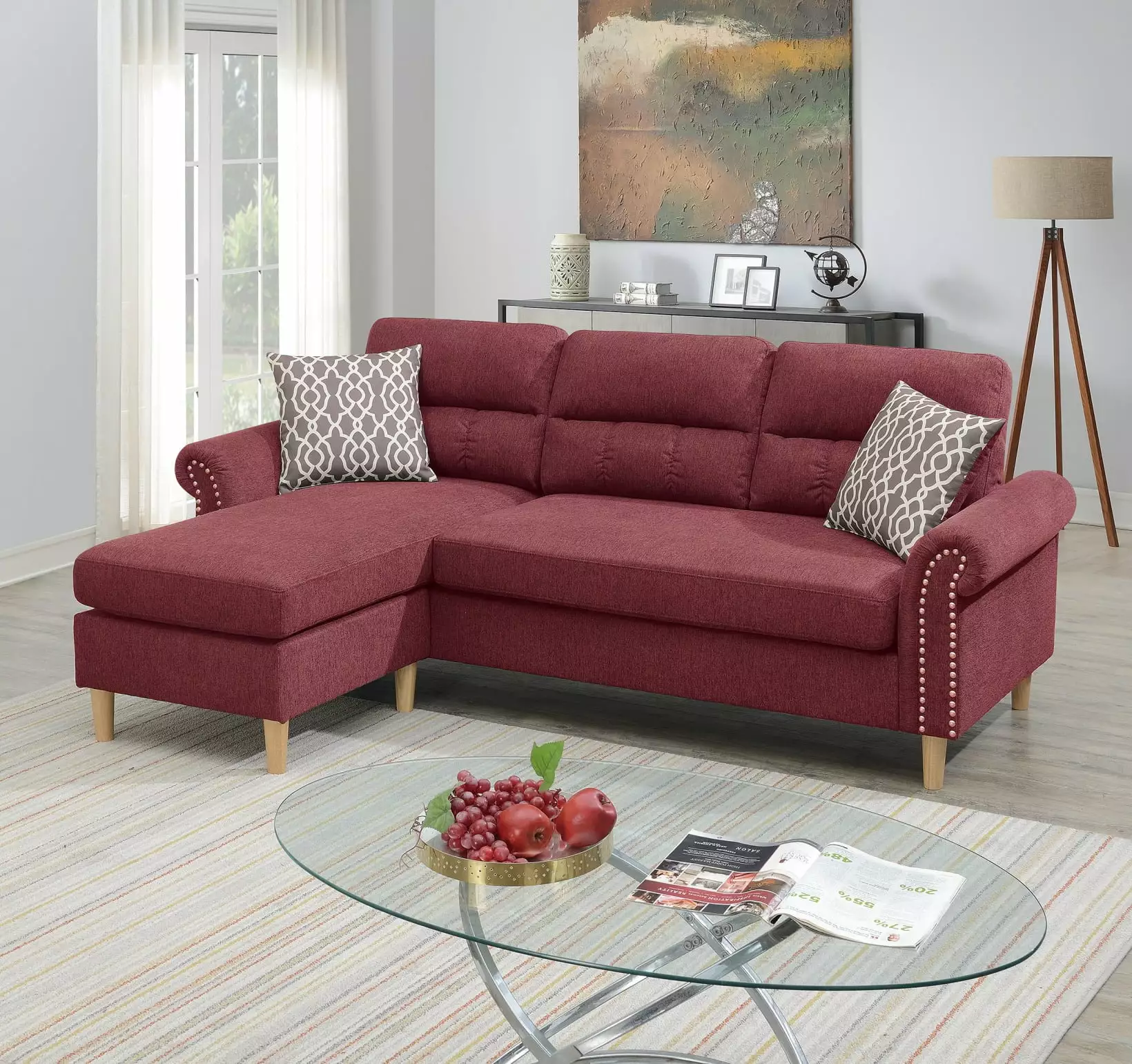 Convertible Sectional Sofa Couch. L Shaped Couch Modular Sofa Couches for Living Room with Reversible Chaise and 2 Pillows. 3-seat Small Sectional Couch for Small Space. Lounge. Velvet in Red