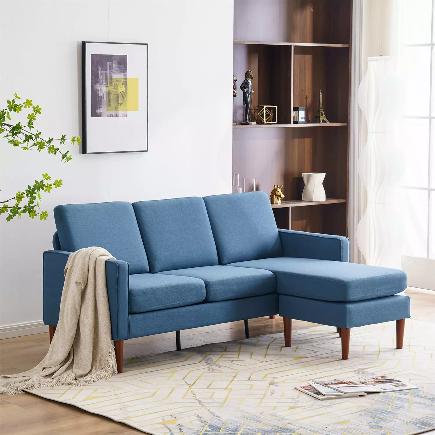 Convertible Sectional Sofa Couch. Modern Fabric L-Shaped Sofa with Reversible Chaise and Padded Cushion. 3-Seat Modular Sofa Set for Living Room. Apartment and Small Space (Navy Blue)