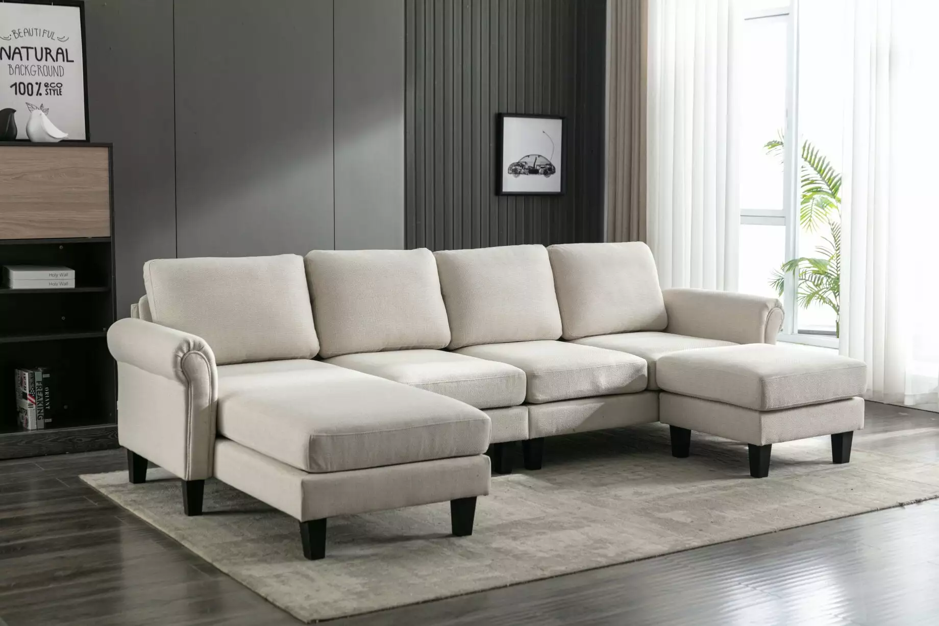 Convertible Sectional Sofa Couch. U-Shaped Modular Accent Sofa with Ottoman & 2 Pillows & Solid Wood Legs. Modern Fabric Upholstered Sofa Set. for Living Room. Beige