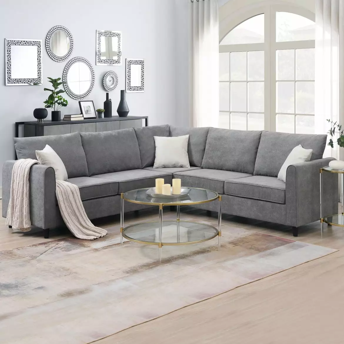 Convertible Sectional Sofa. Modular L-Shaped Couch with 3 Pillows. 7 Seat Sectional Sofa Set for Living Room. Grey