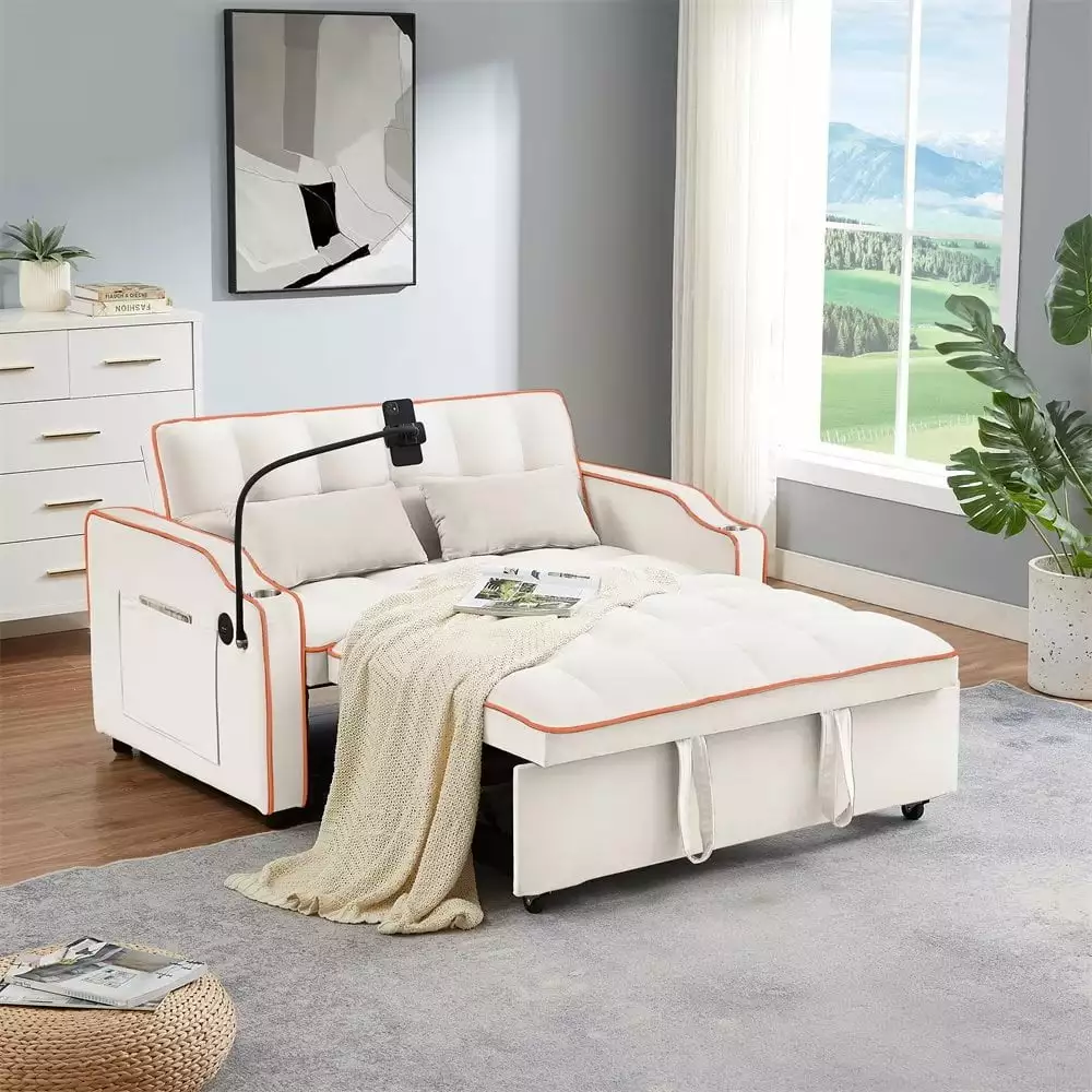 Convertible Sleeper Sofa Bed. 55 Velvet Sofa with Pull-Out Bed and Adjustable Back. Modern Loveseat Couch with 2 Pillows and Side Pocket. Ashtray and Swivel Phone Stand for Living Room. Beige