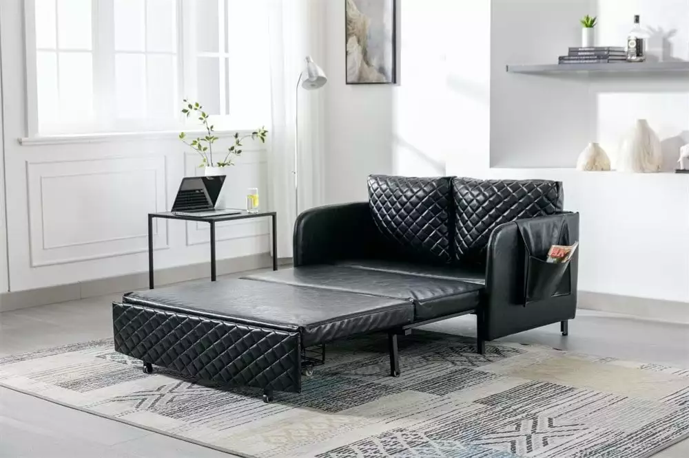 Convertible Sleeper Sofa Bed. Modern PU Leather Upholstered Loveseat with Pull Out Bed. Small Futon Sofa Bed with Headboard. 2 Pillows and Side Pockets for Living Room Bedroom. Black