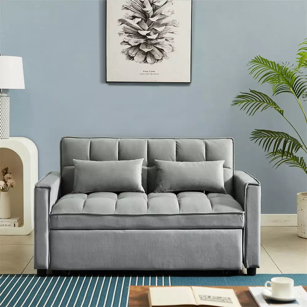 Convertible Sleeper Sofa Bed with Pull-Out Bed. Modern Velvet Tufted Upholstered Loveseat Couch with Adjustable Backrest and 2 Lumbar Pillows. 2 Seater Sofa for Living Room & Apartment. Gray